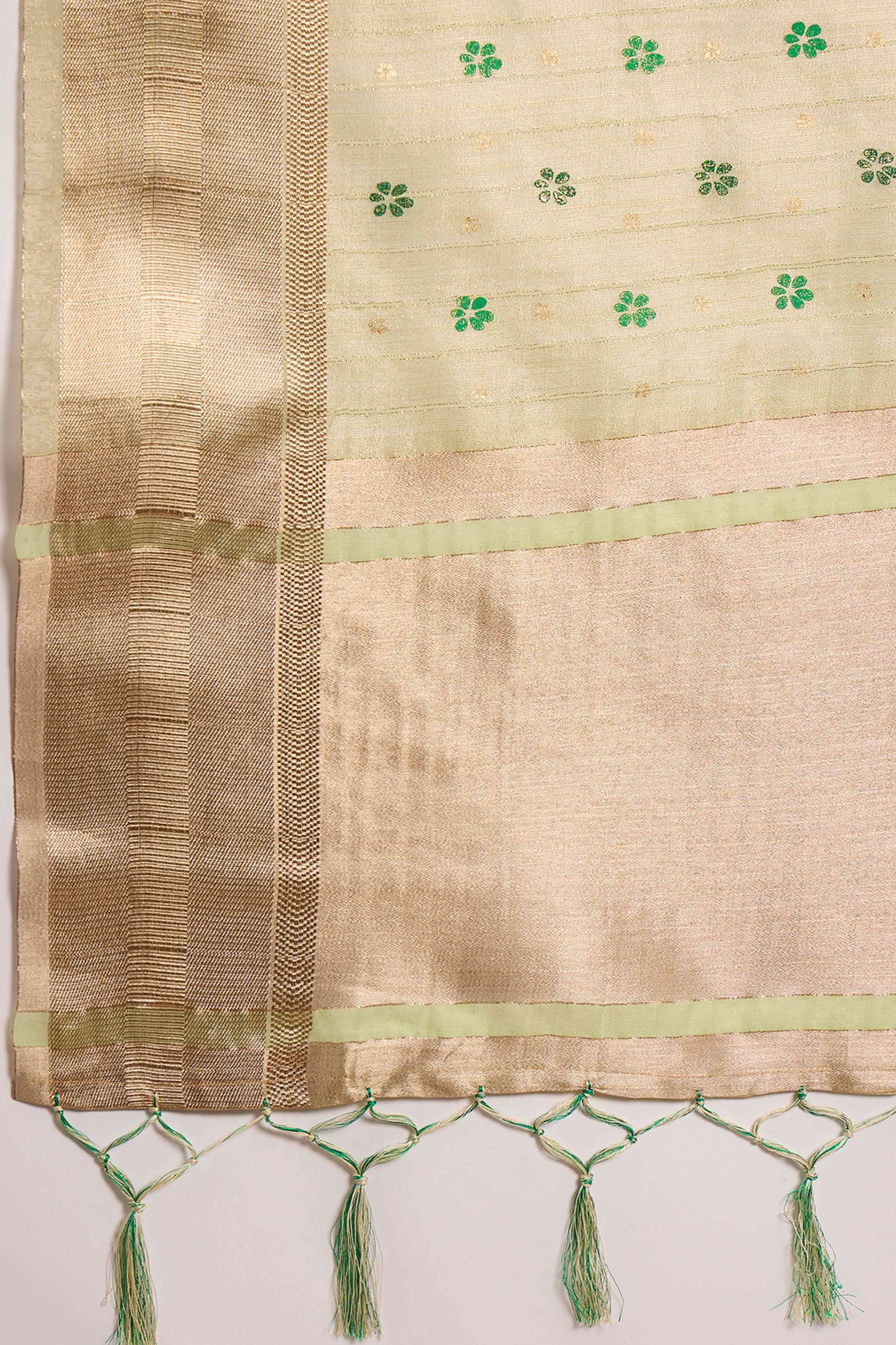 Green Saree In Khadi Organza Featuring Floral Prints & Intricate Weaving