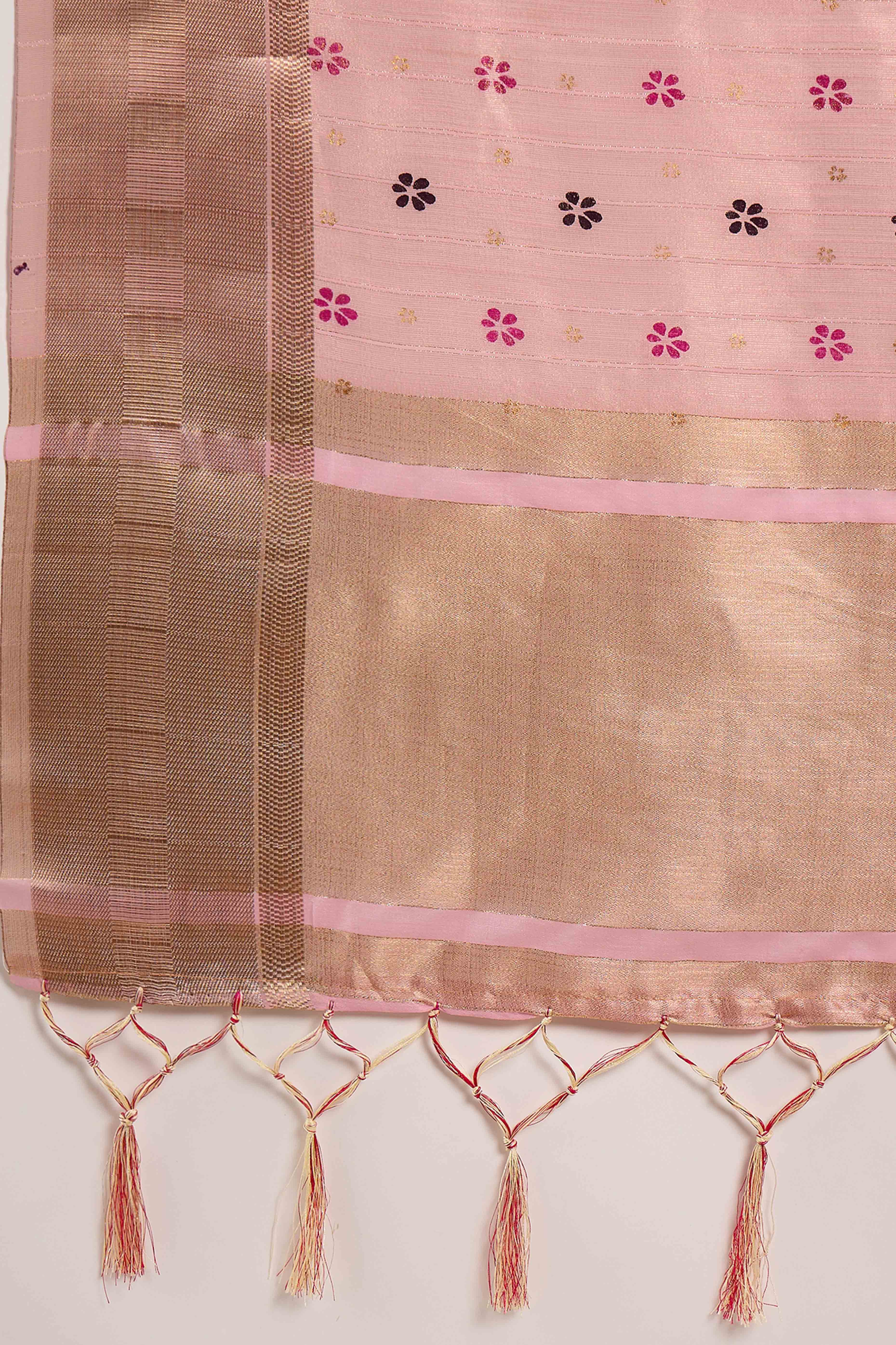 Pink Saree In Khadi Organza Featuring Floral Prints & Intricate Weaving