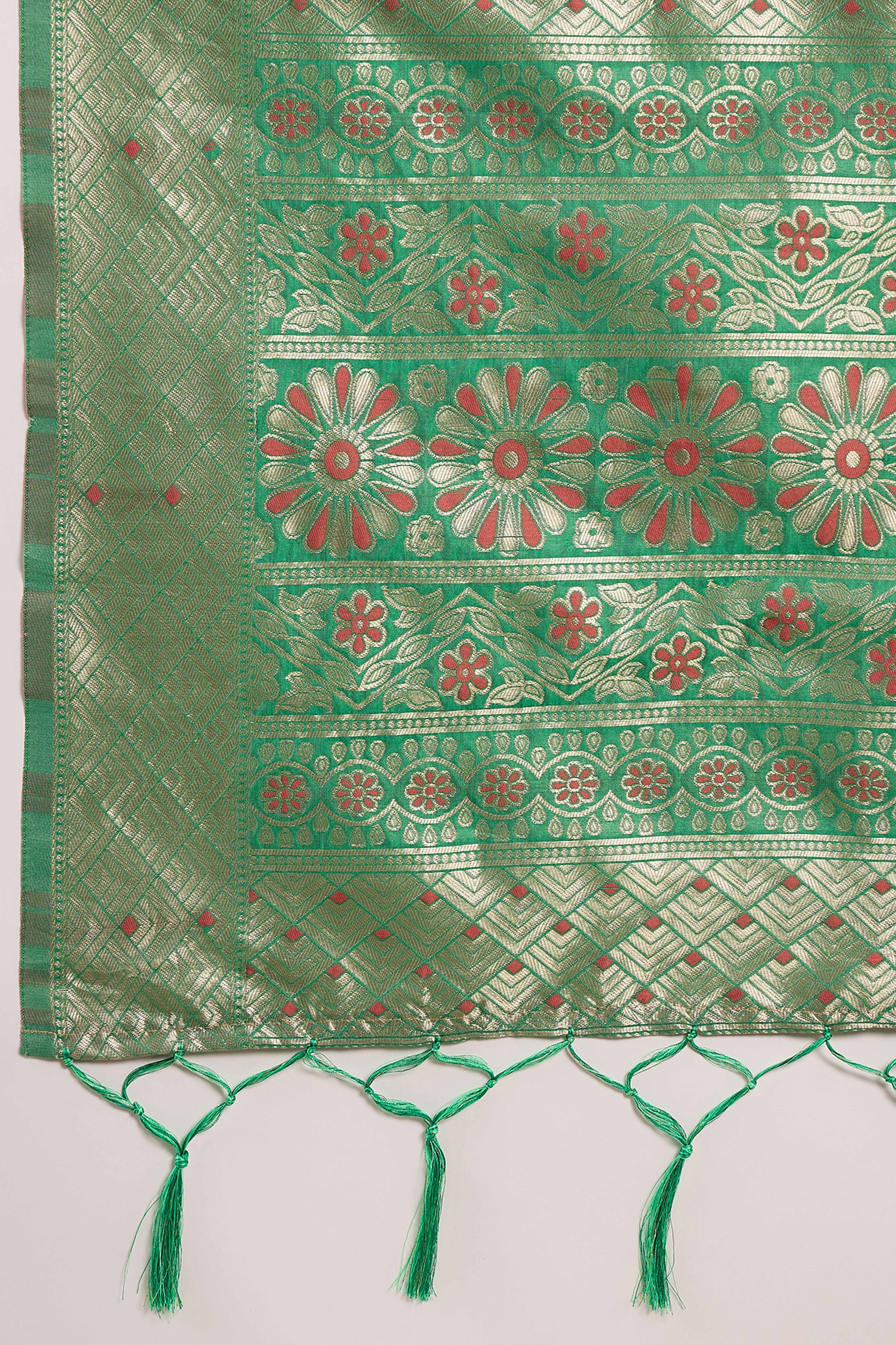 Green Cotton Blend Saree Adorned With Intricate Floral Zari Weaving & A Stylish Tassel Pallu