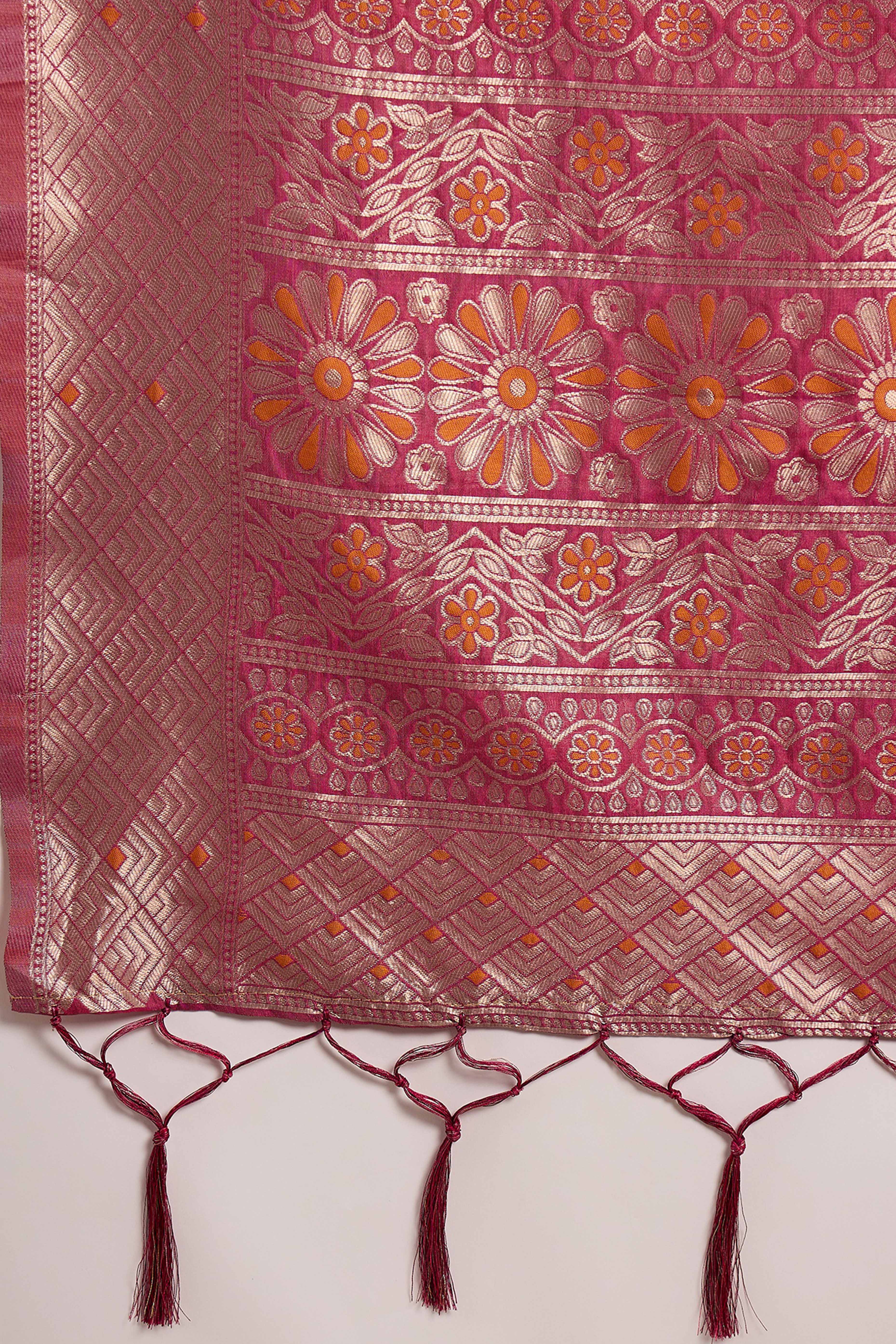 Lavender Cotton Blend Saree Adorned With Intricate Floral Zari Weaving & A Stylish Tassel Pallu