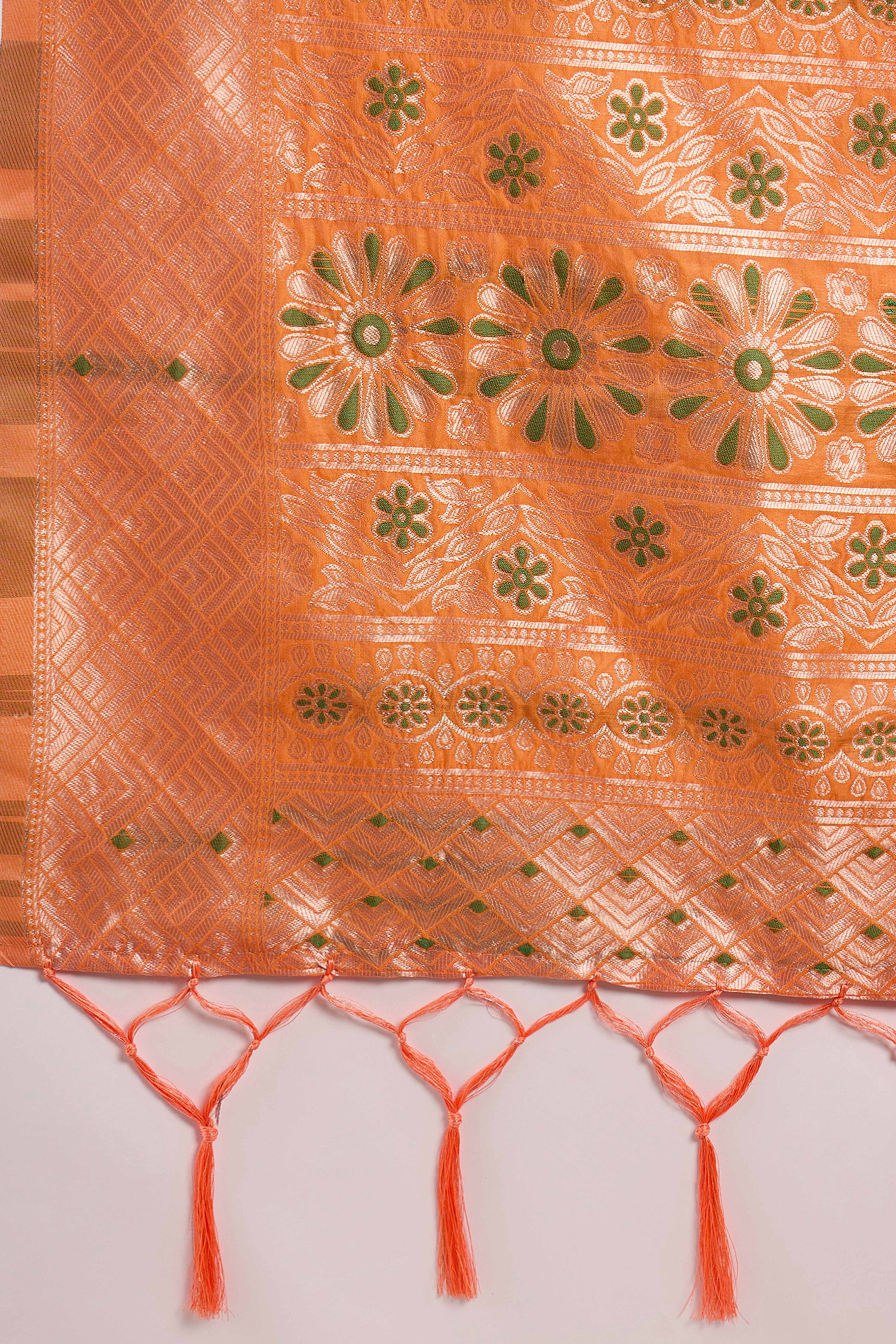 Orange Cotton Blend Saree Adorned With Intricate Floral Zari Weaving & A Stylish Tassel Pallu