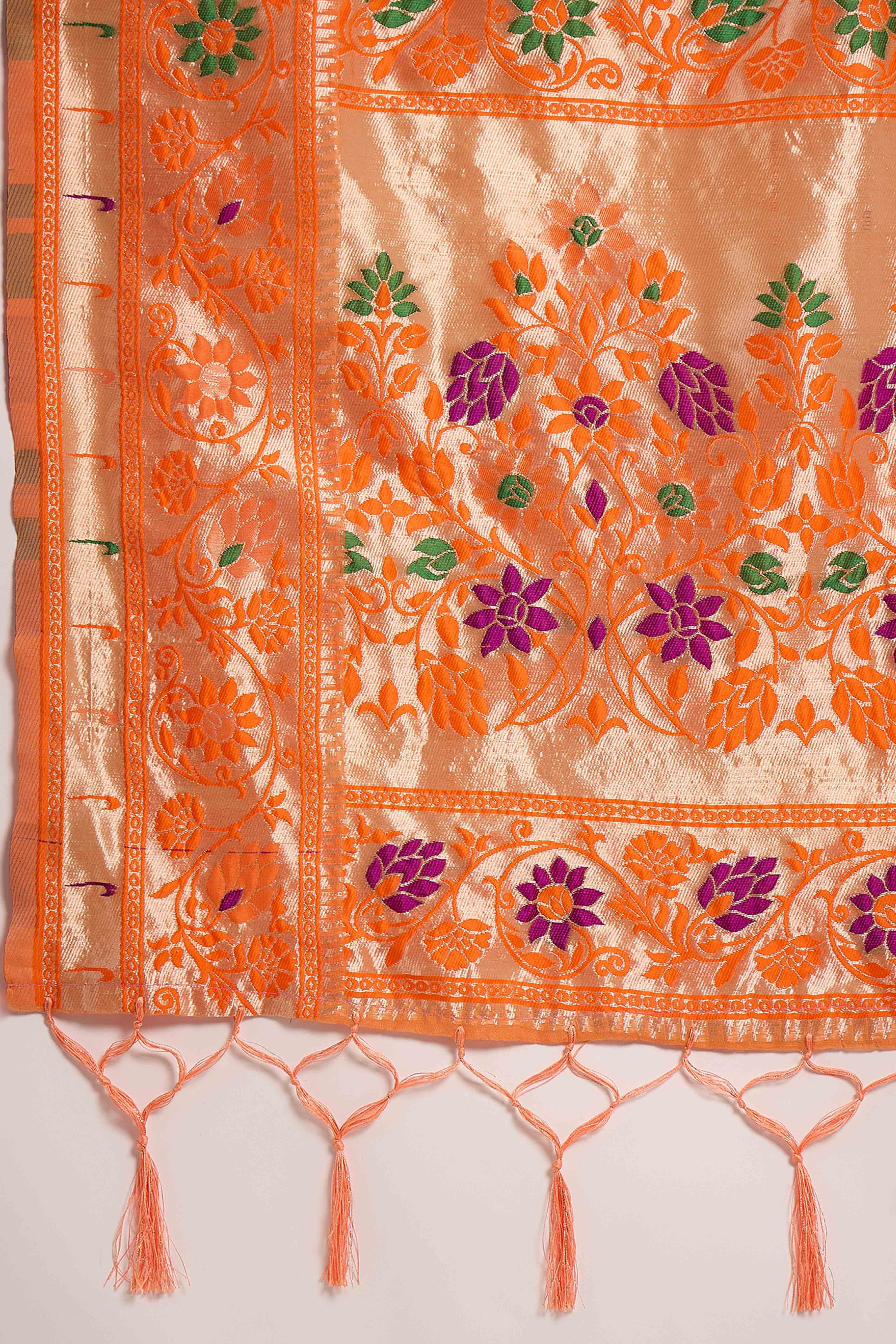 Orange Floral Zari Weaving On Orange Poly Cotton Saree With Tasselled Borders