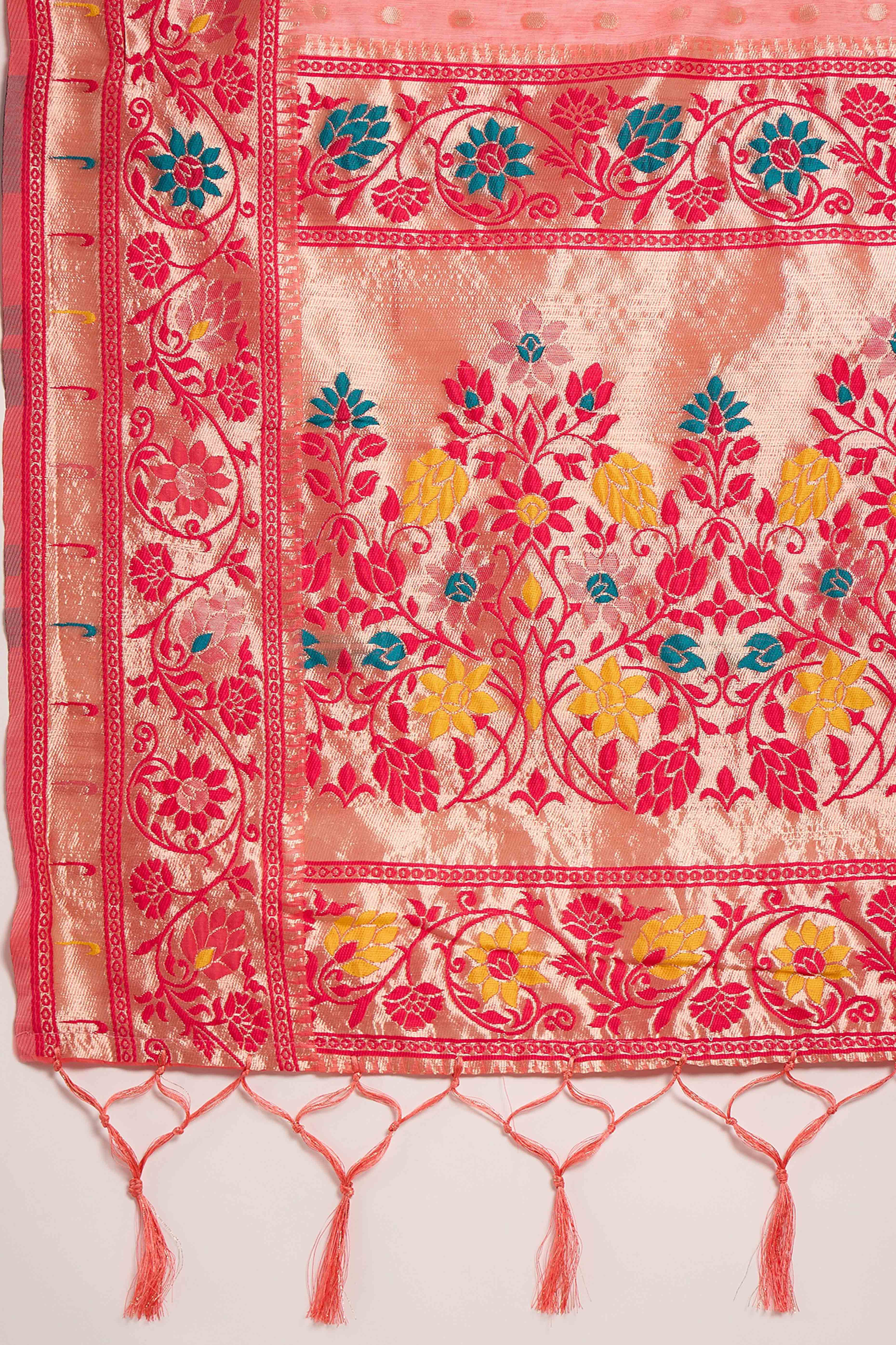 Peach Floral Zari Weaving On Orange Poly Cotton Saree With Tasselled Borders