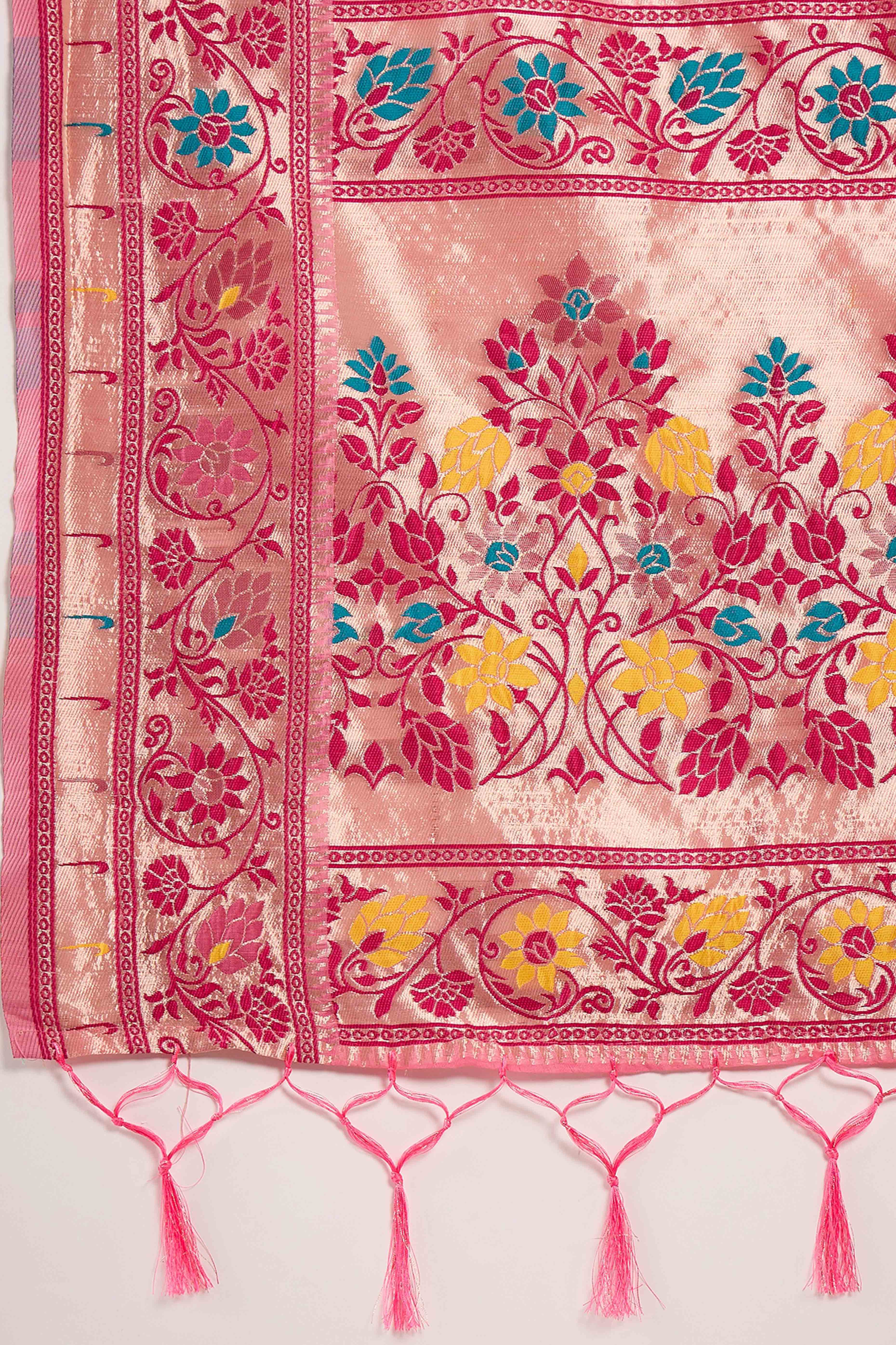 Pink Floral Zari Weaving On Orange Poly Cotton Saree With Tasselled Borders