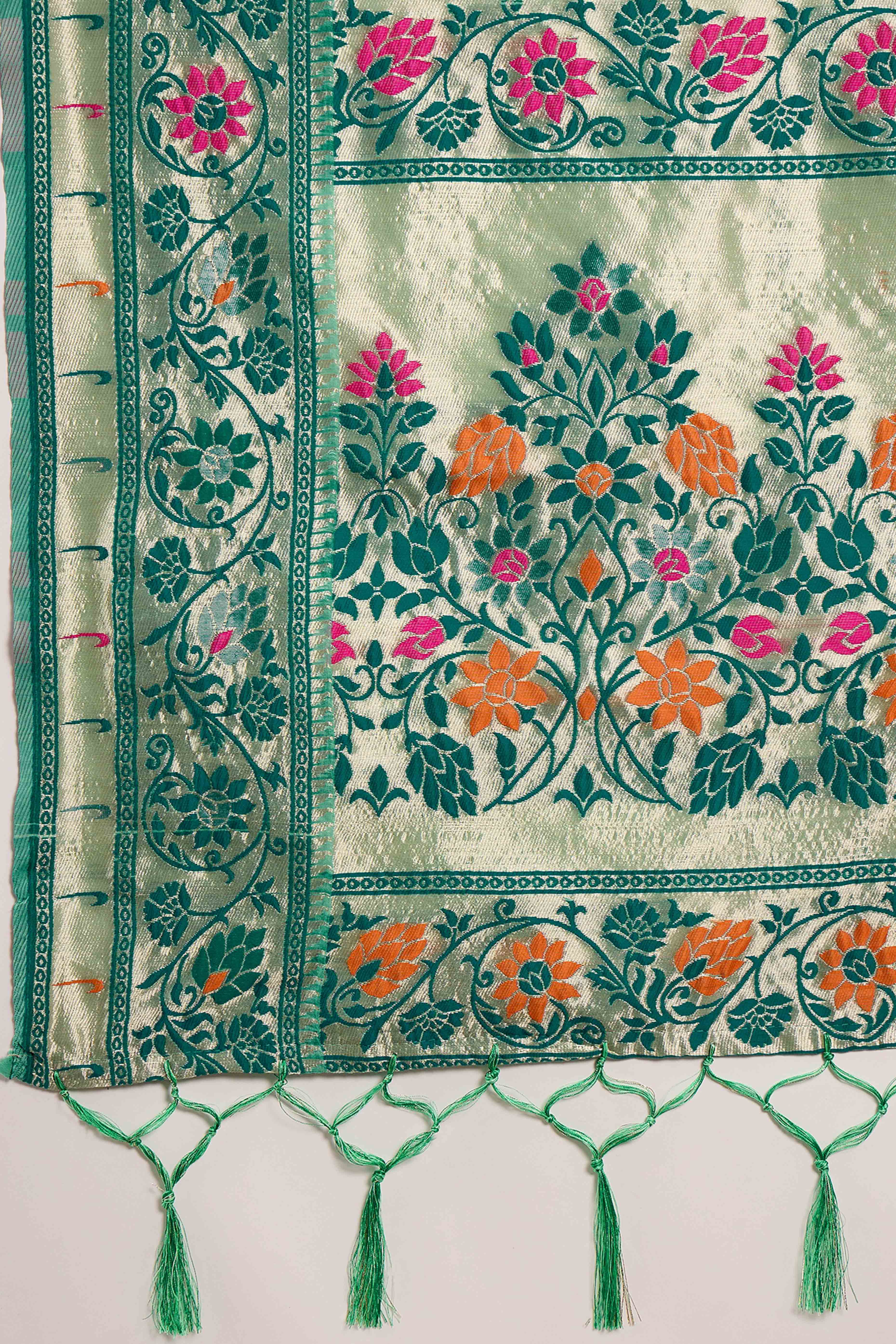 Sea Green Floral Zari Weaving On Orange Poly Cotton Saree With Tasselled Borders