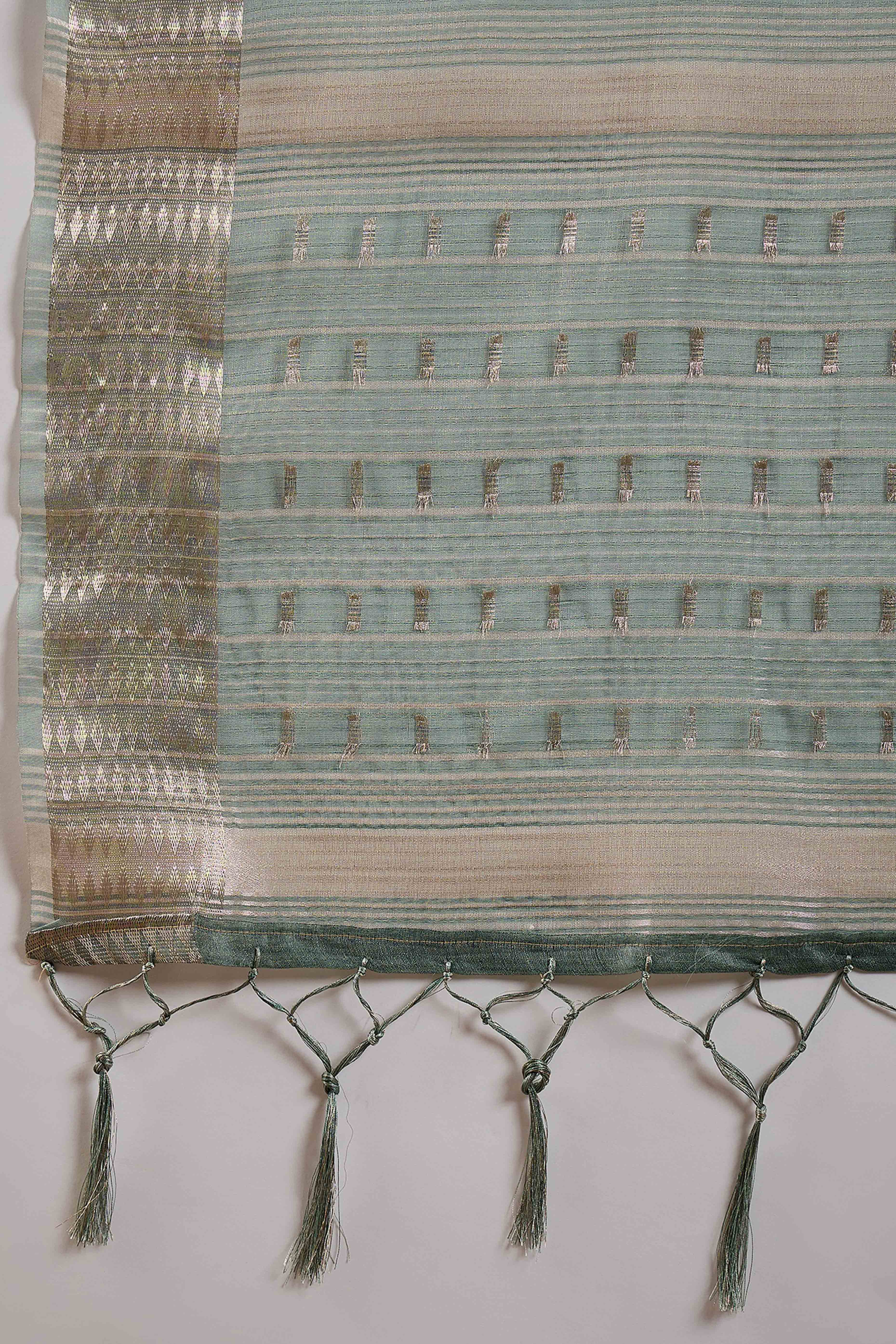 Green Saree With Fine Zari Weaving on Khadi Organza and Tassel Detailing Pallu