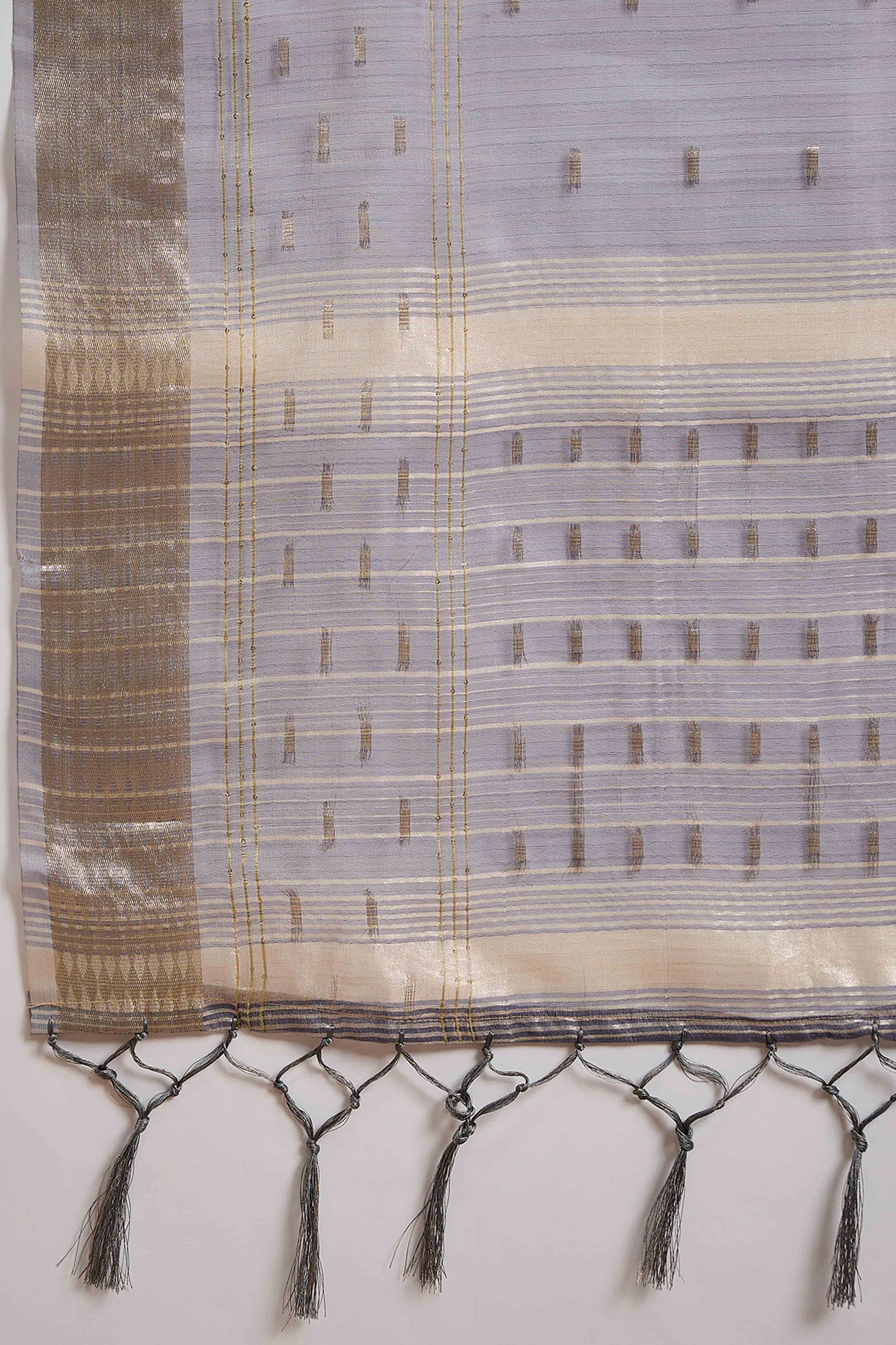 Grey Saree With Fine Zari Weaving on Khadi Organza and Tassel Detailing Pallu