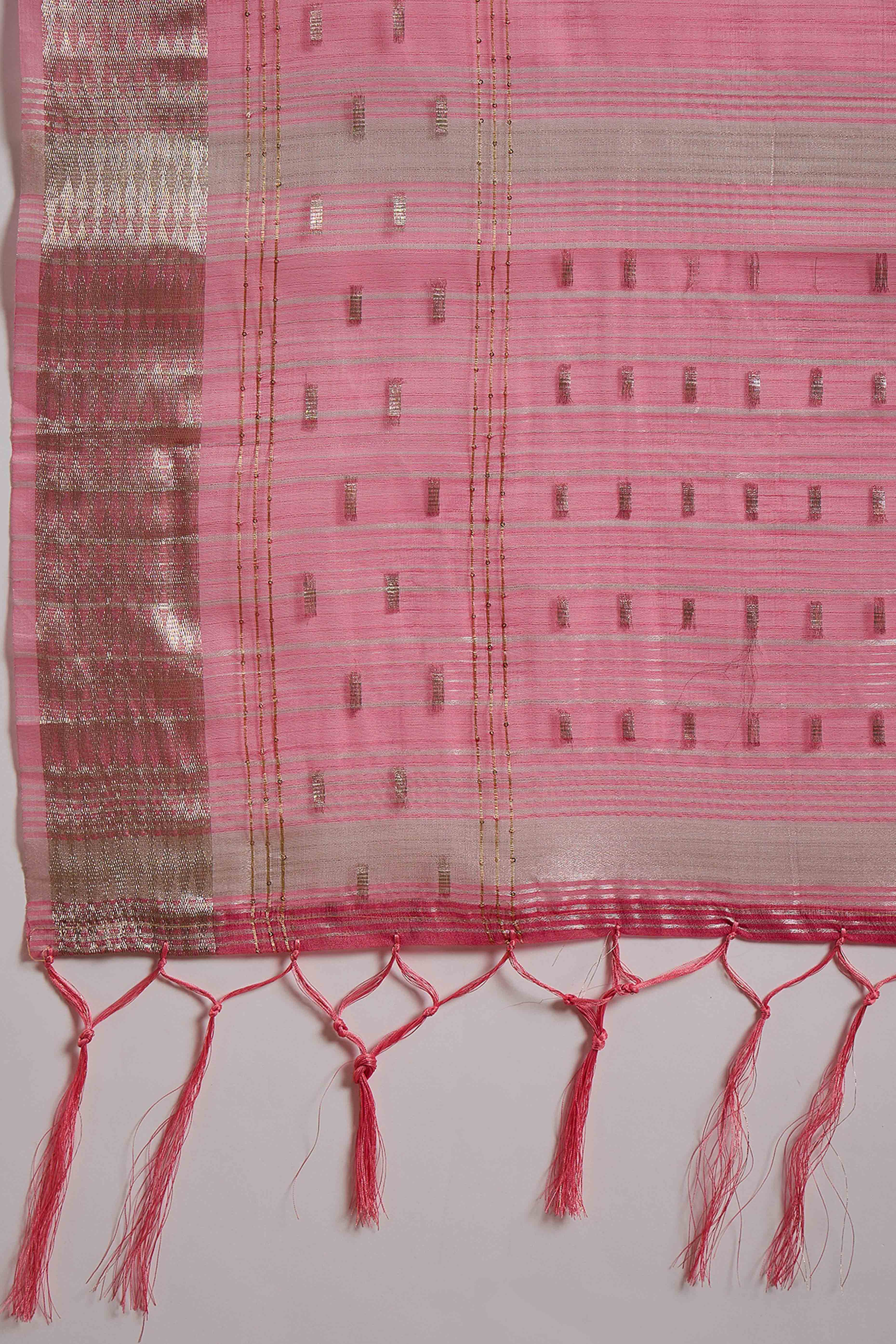 Pink Saree With Fine Zari Weaving on Khadi Organza and Tassel Detailing Pallu