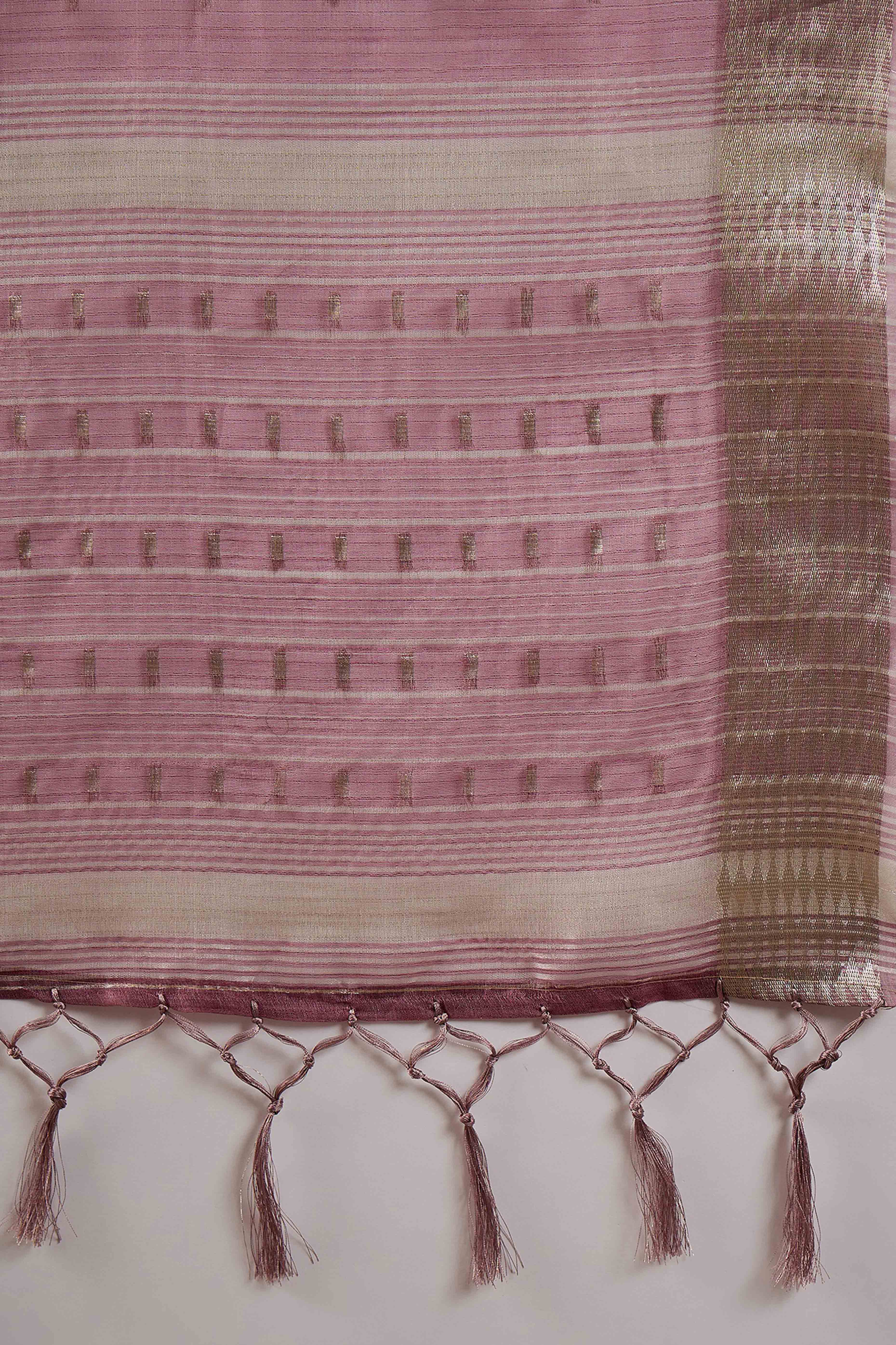 Wine Saree With Fine Zari Weaving on Khadi Organza and Tassel Detailing Pallu