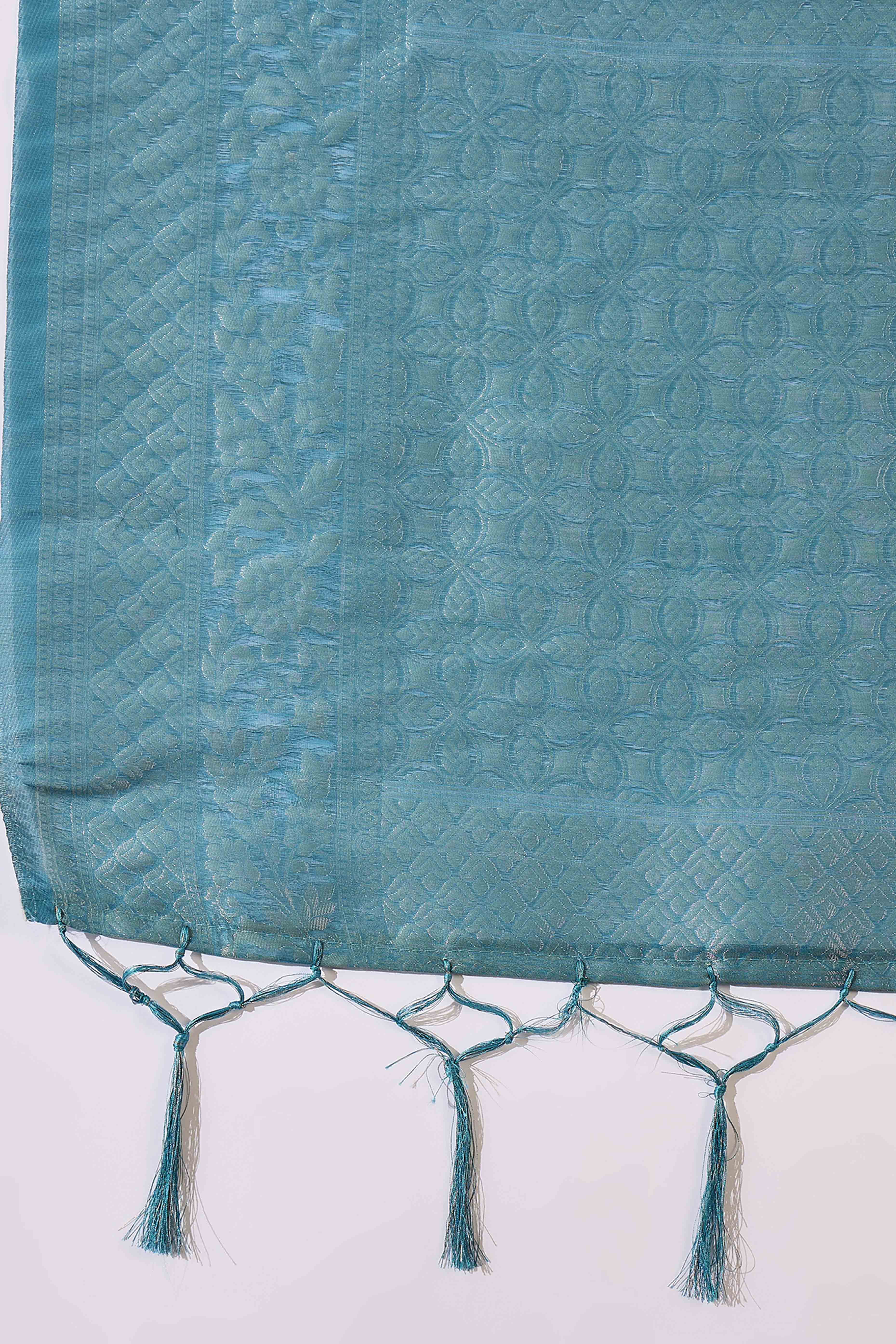 Blue Saree In Poly Cotton Featuring Intricate Floral Zari Weaving & Tassel Accents