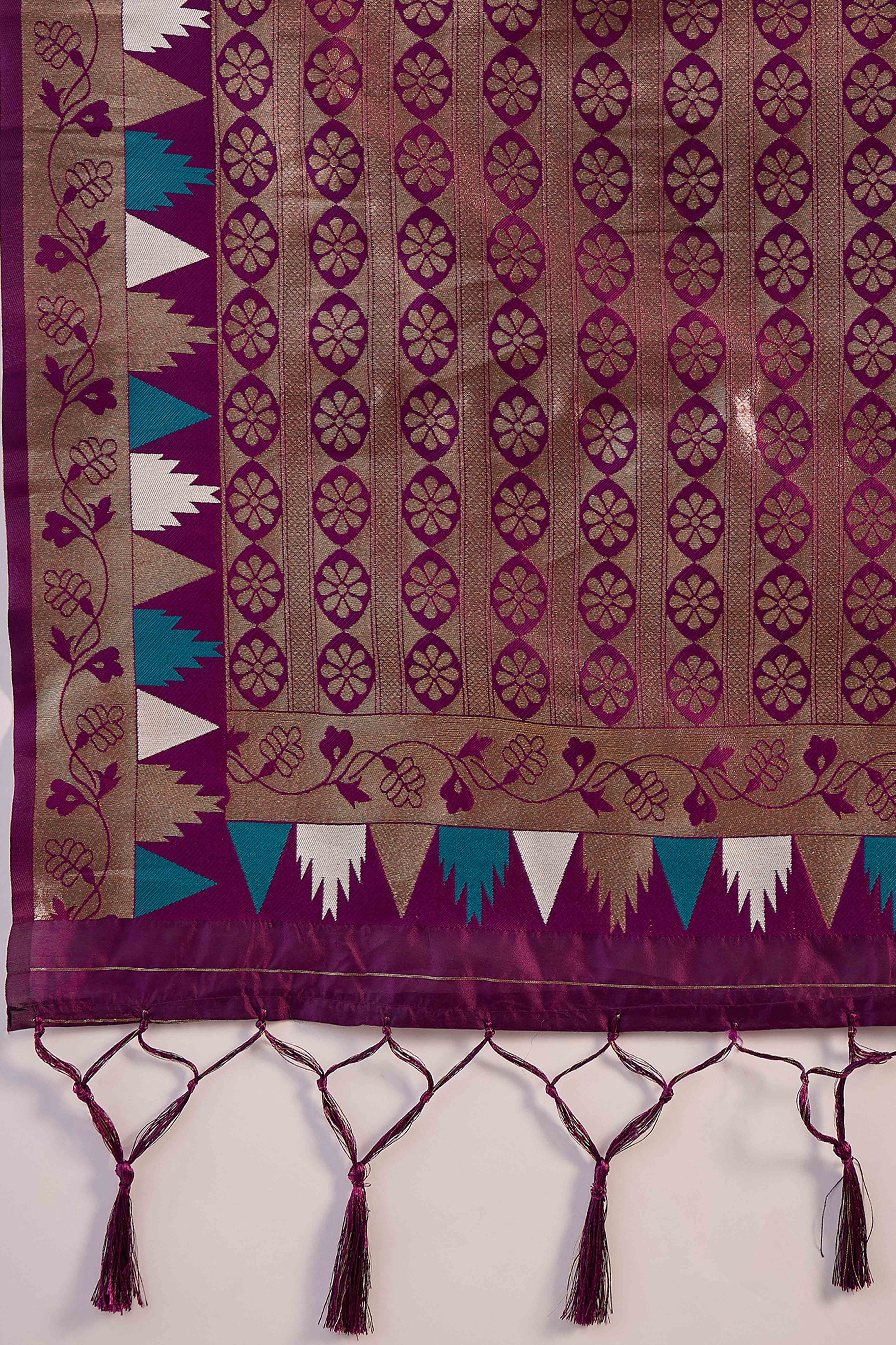 Morpich Blue Zari Woven Poly Silk Saree Enhanced With Graceful Tassel Detailing