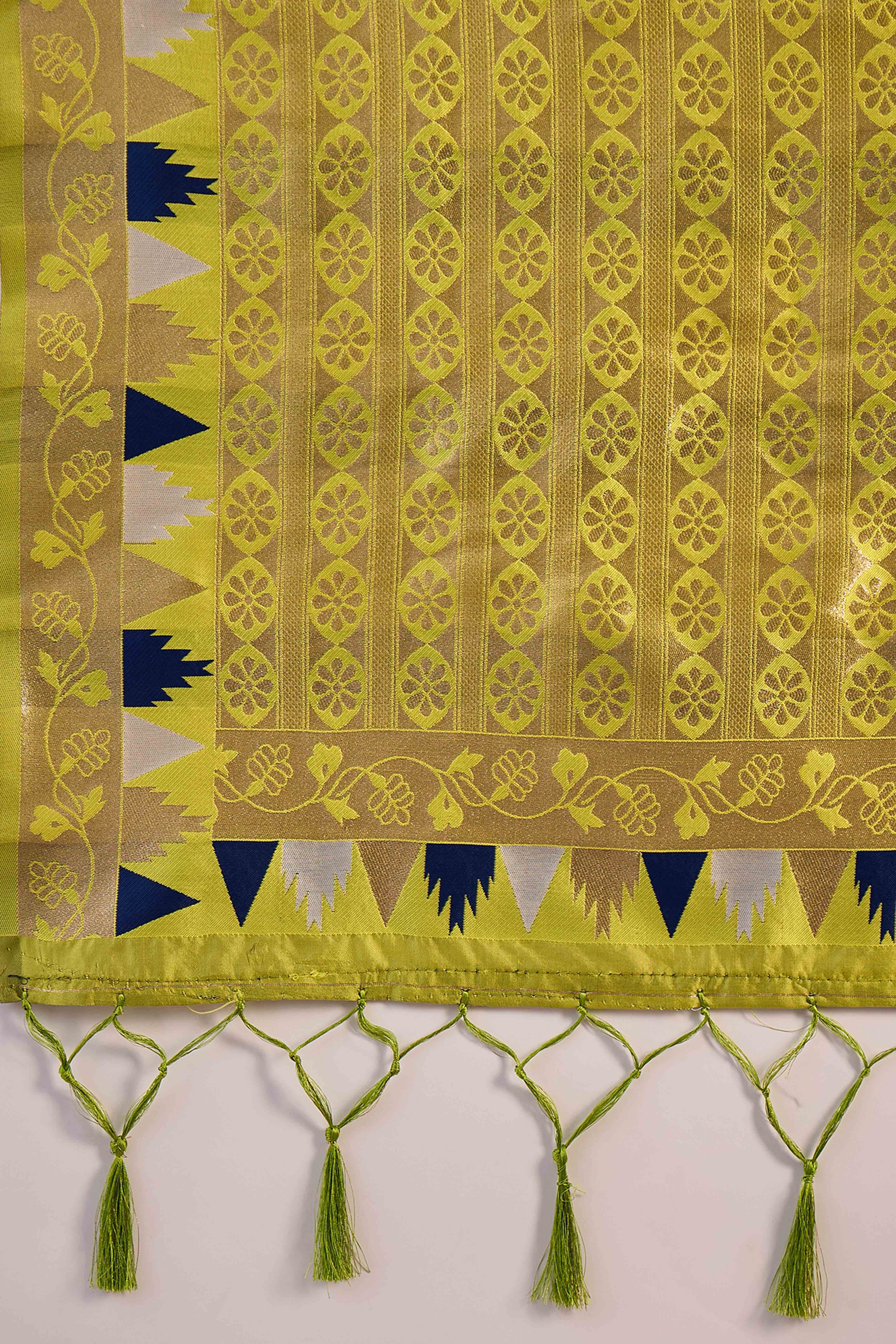 Navy Blue Zari Woven Poly Silk Saree Enhanced With Graceful Tassel Detailing