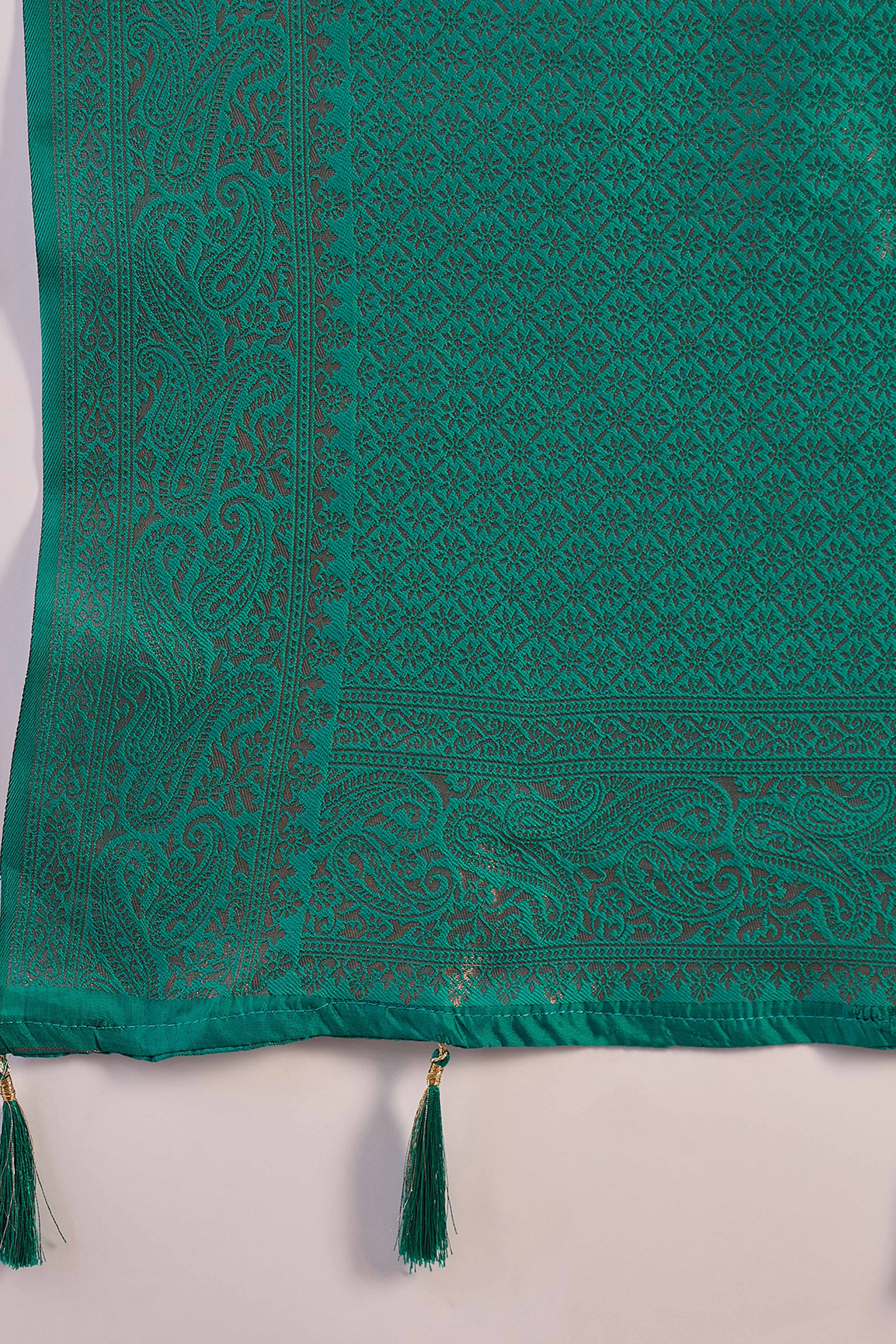 Rama Green Woven Poly Silk Blend Saree Featuring Floral & Paisley Motifs With Tassel Accents