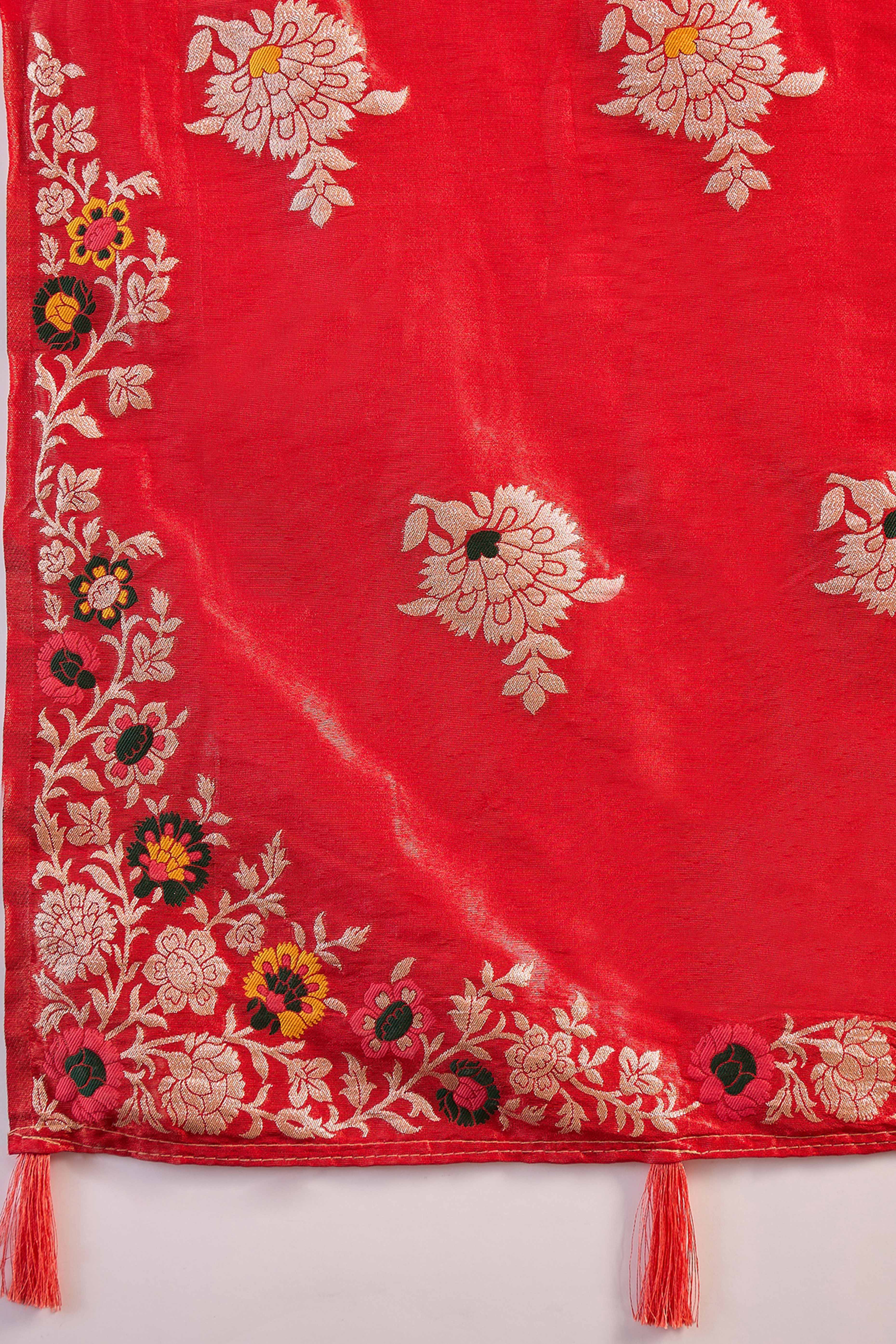 Cherry Red Shimmer Saree Featuring Intricate Floral Zari Weaving & Tassel Finish