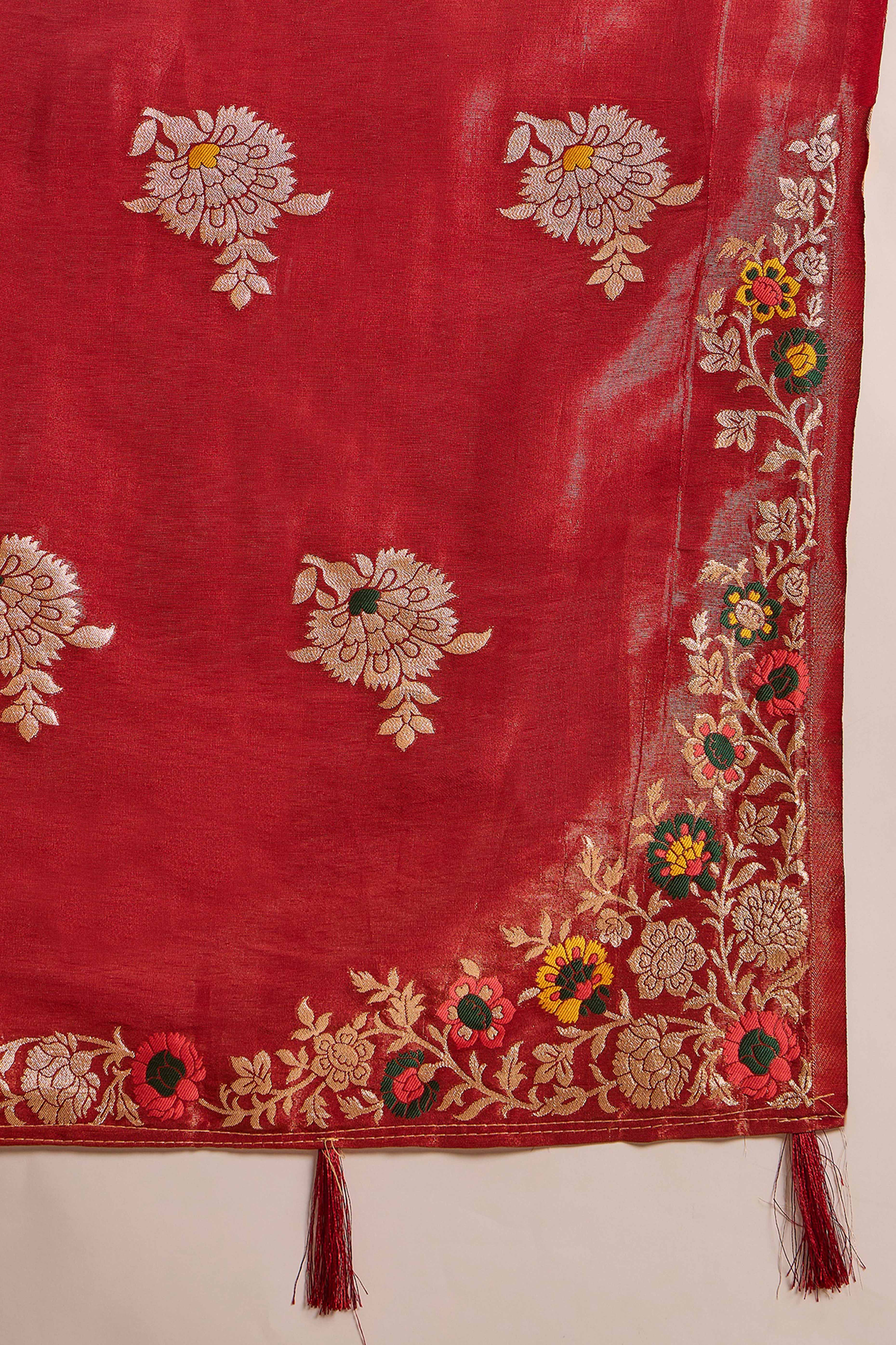 Maroon Shimmer Saree Featuring Intricate Floral Zari Weaving & Tassel Finish