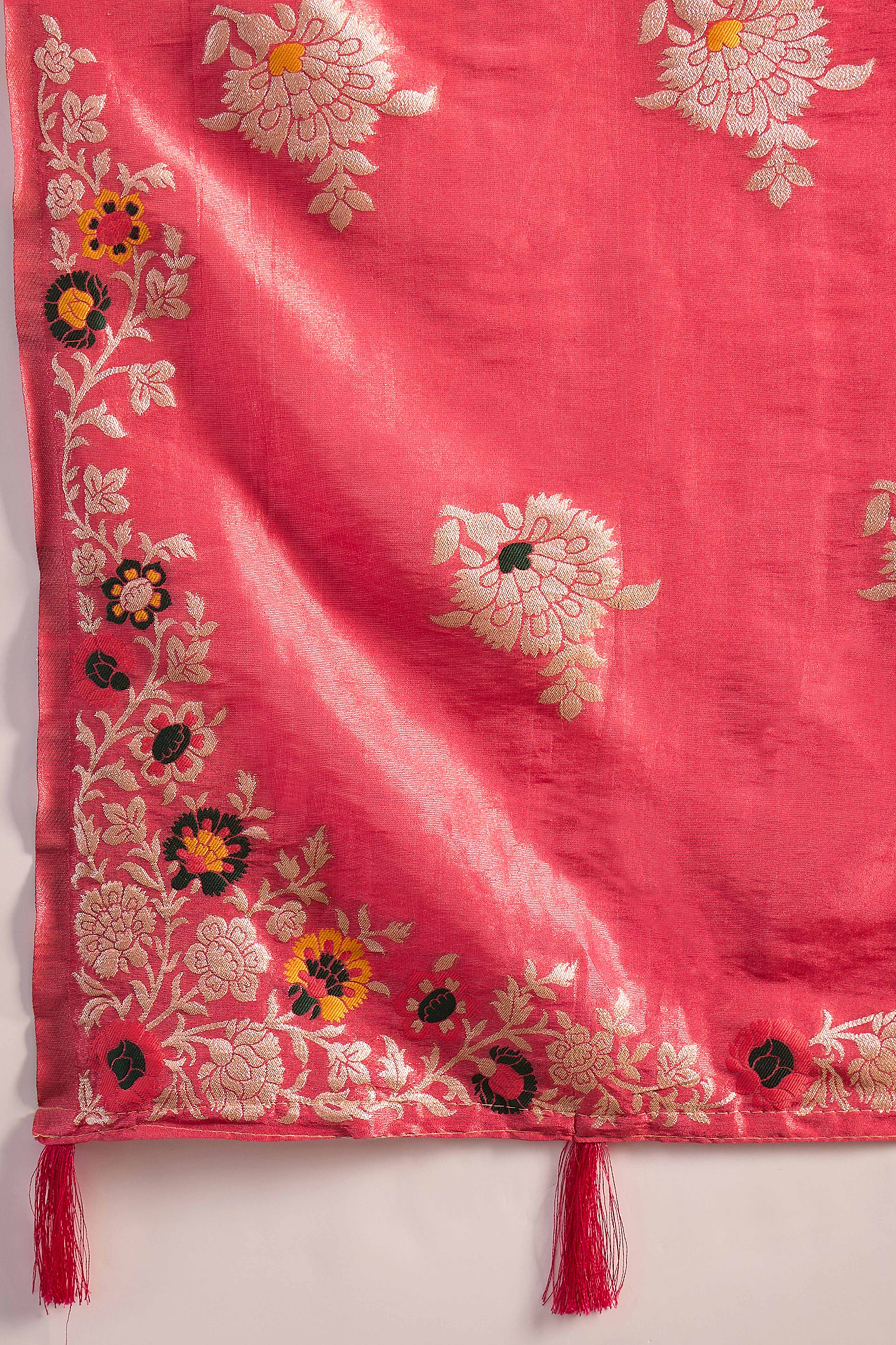 Pink Shimmer Saree Featuring Intricate Floral Zari Weaving & Tassel Finish