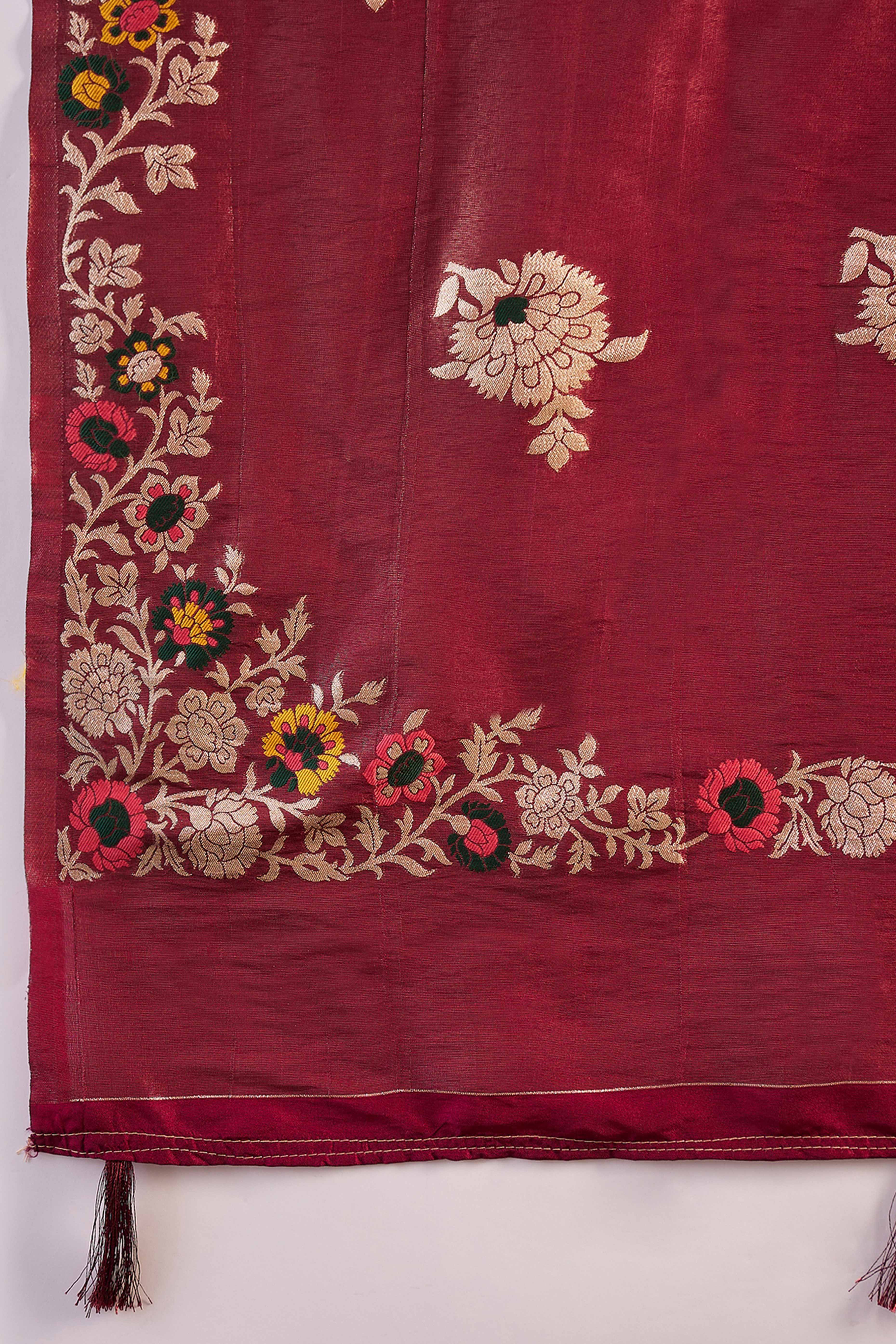 Wine Shimmer Saree Featuring Intricate Floral Zari Weaving & Tassel Finish