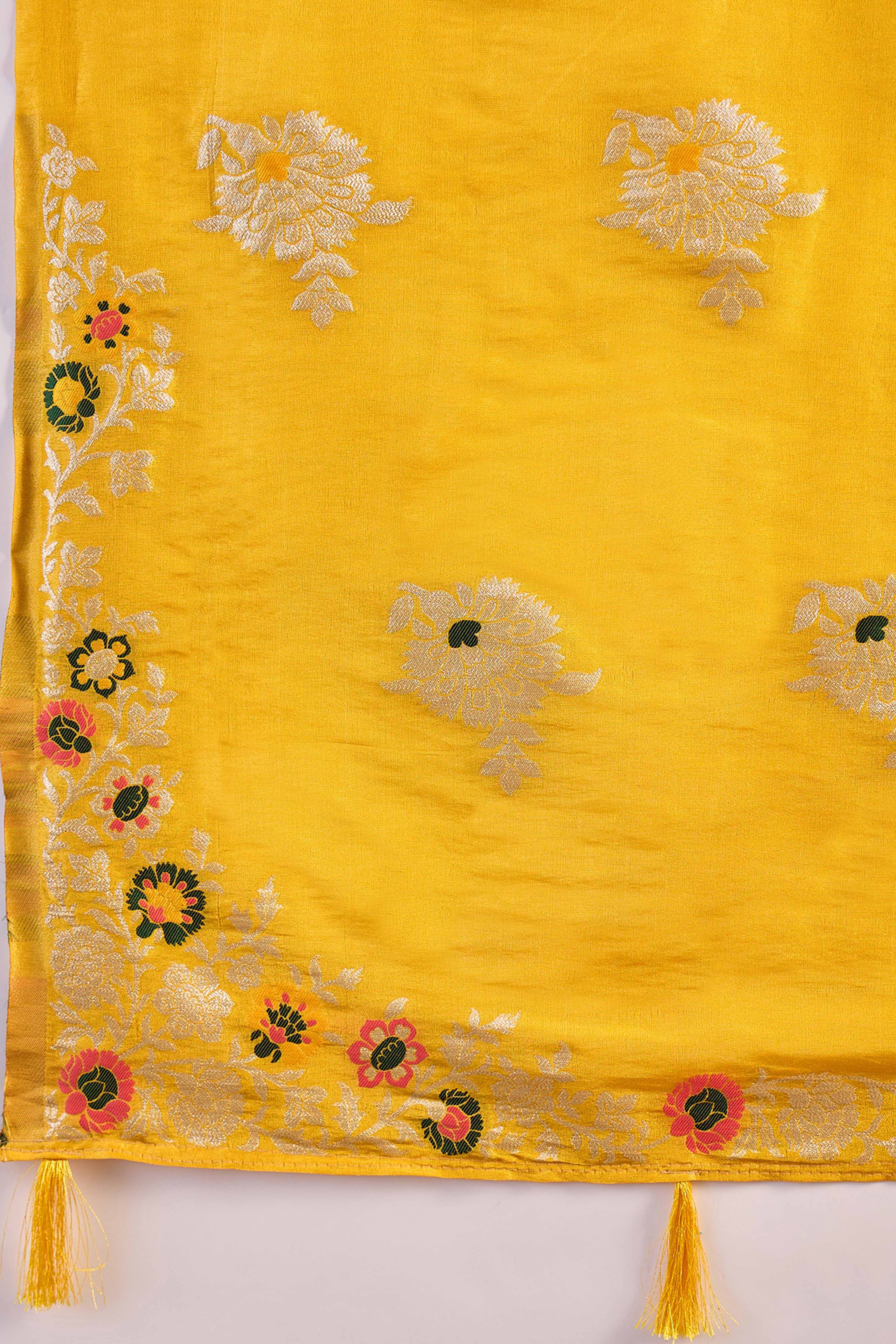Yellow Shimmer Saree Featuring Intricate Floral Zari Weaving & Tassel Finish