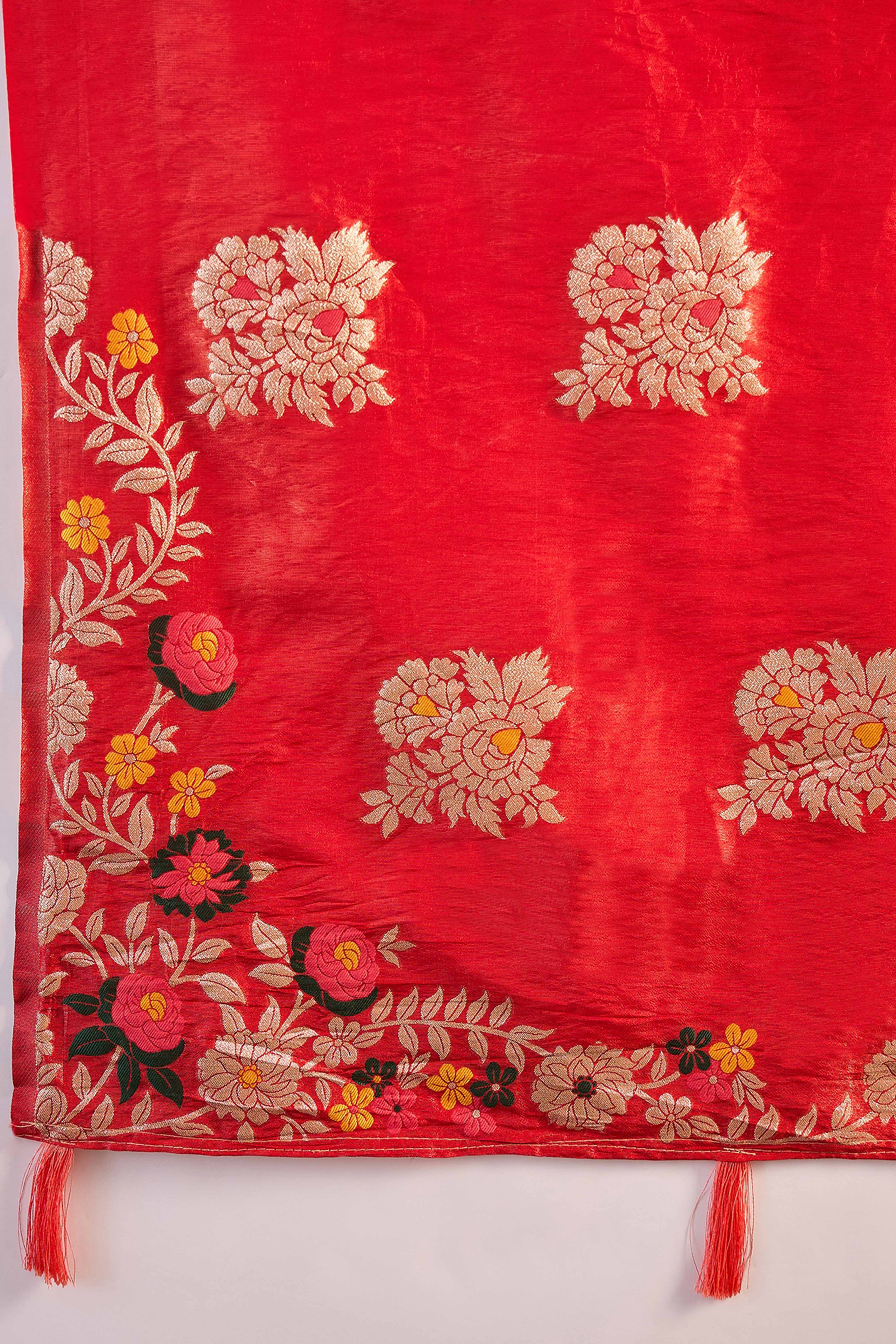 Red Saree In Shimmer Fabric With Floral Zari Weaving & Decorative Tassel Pallu