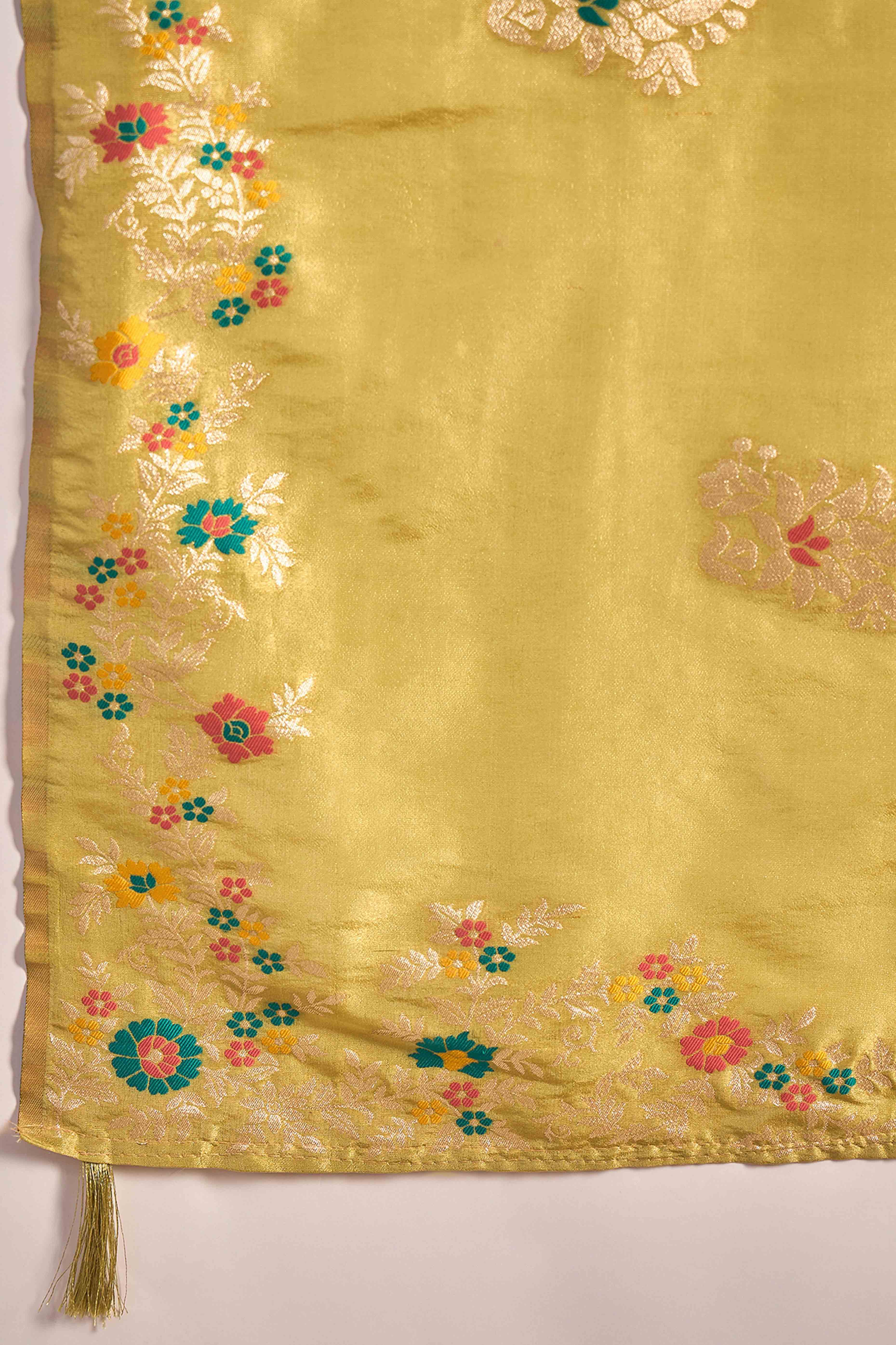Lime Yellow Shimmer Saree Showcasing Floral Zari Weaving & A Tasselled Pallu