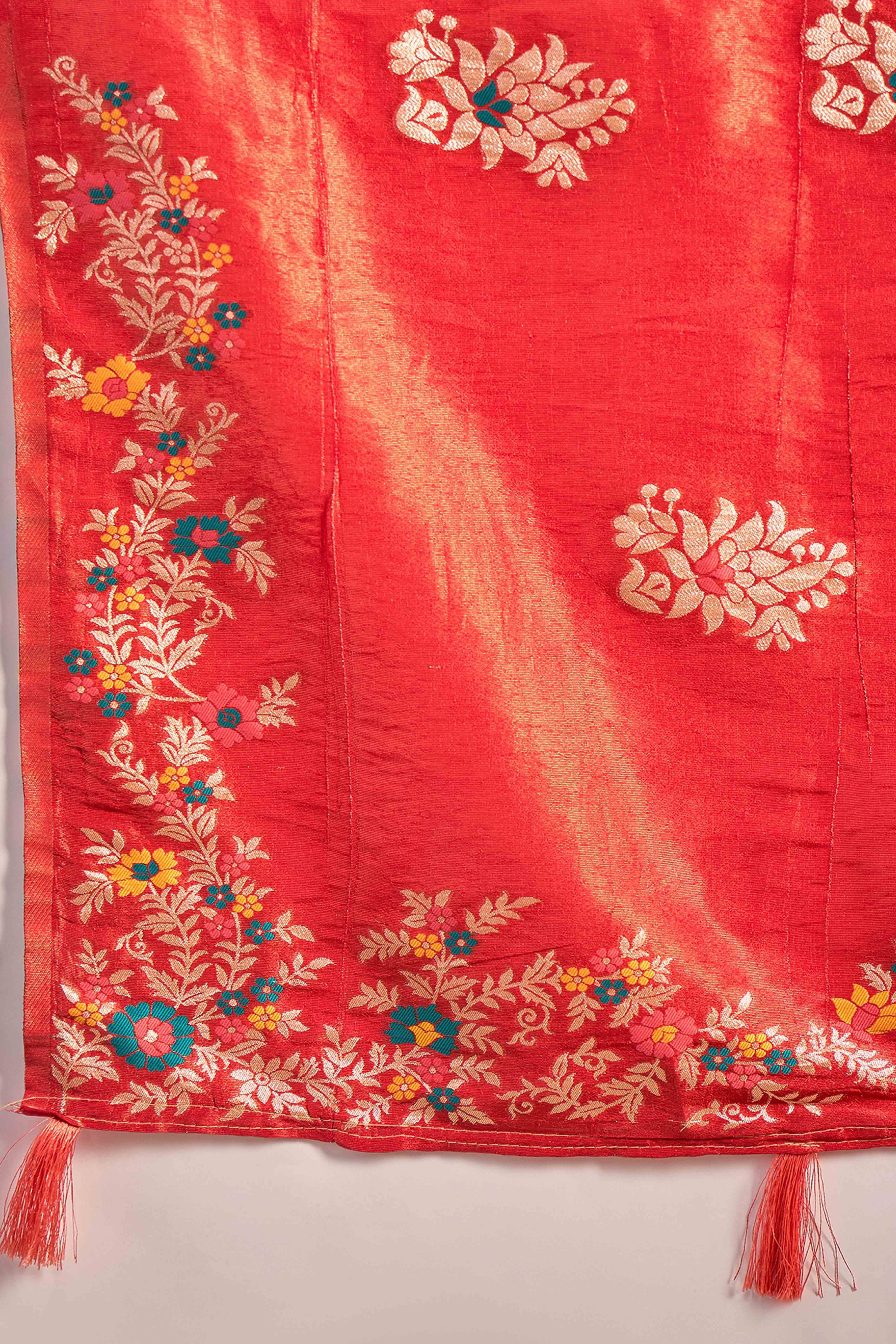 Red Shimmer Saree Showcasing Floral Zari Weaving & A Tasselled Pallu