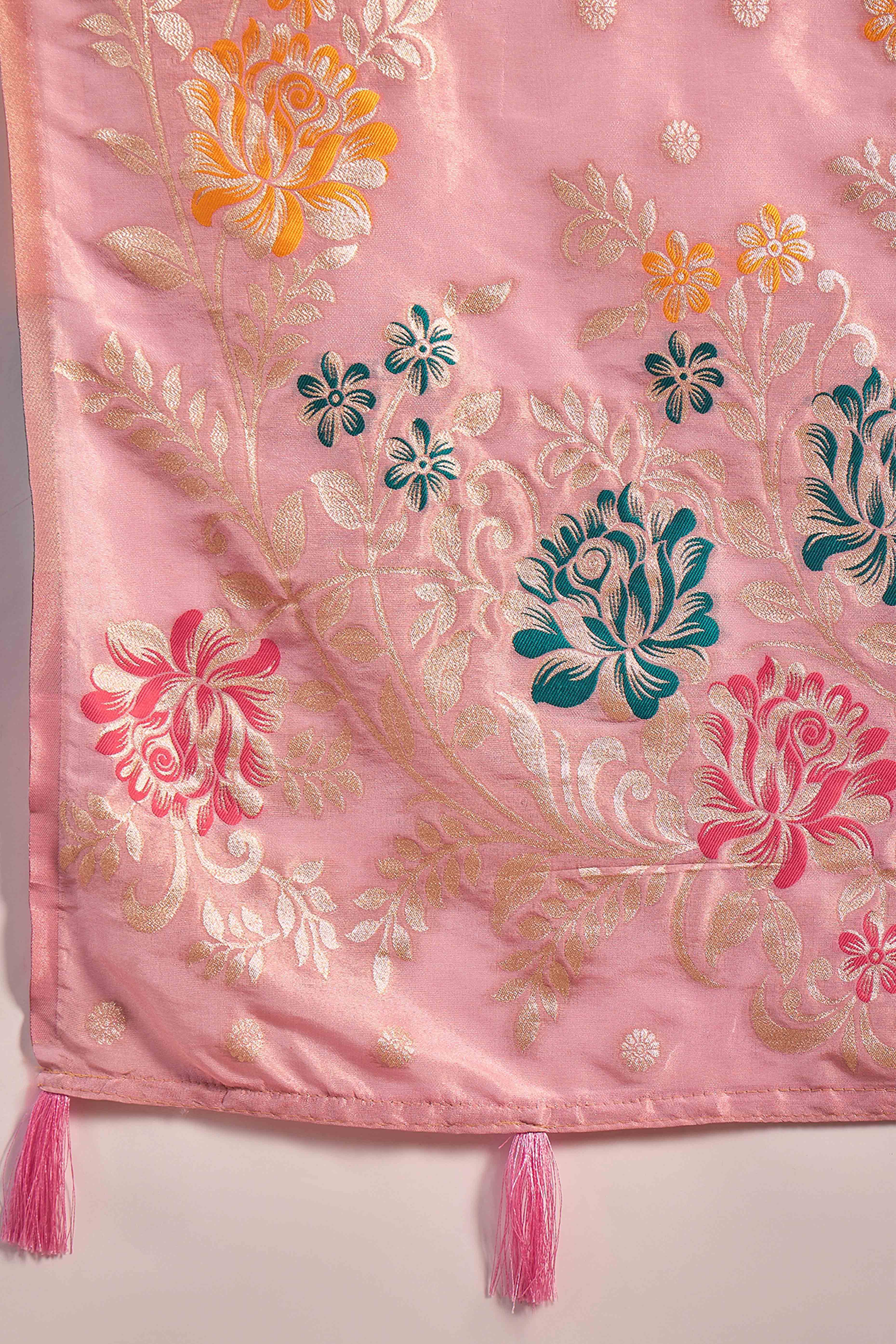 Baby Pink Shimmer Saree Adorned with Floral Zari Weaving & Tassel Pallu