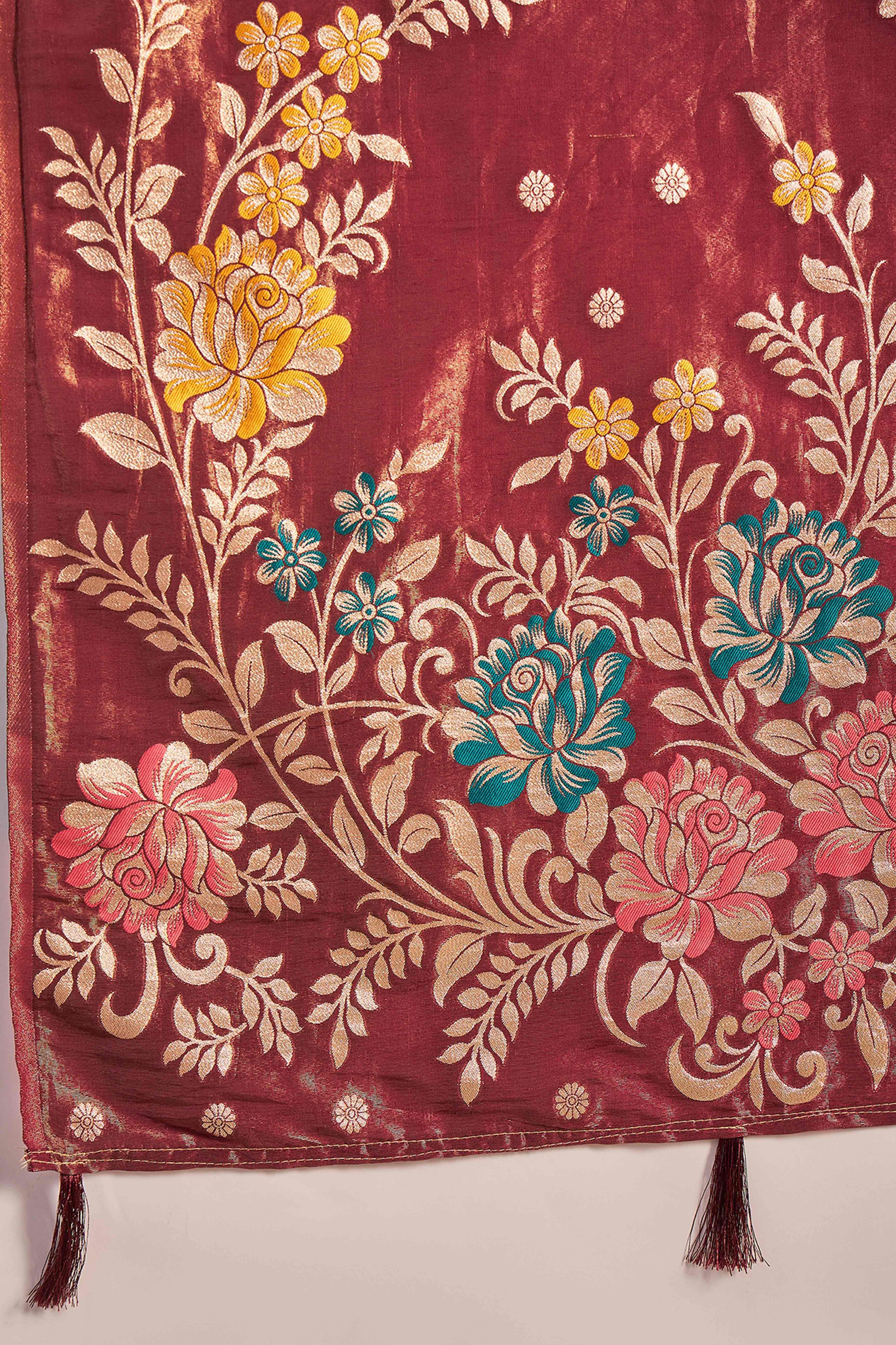 Maroon Shimmer Saree Adorned with Floral Zari Weaving & Tassel Pallu