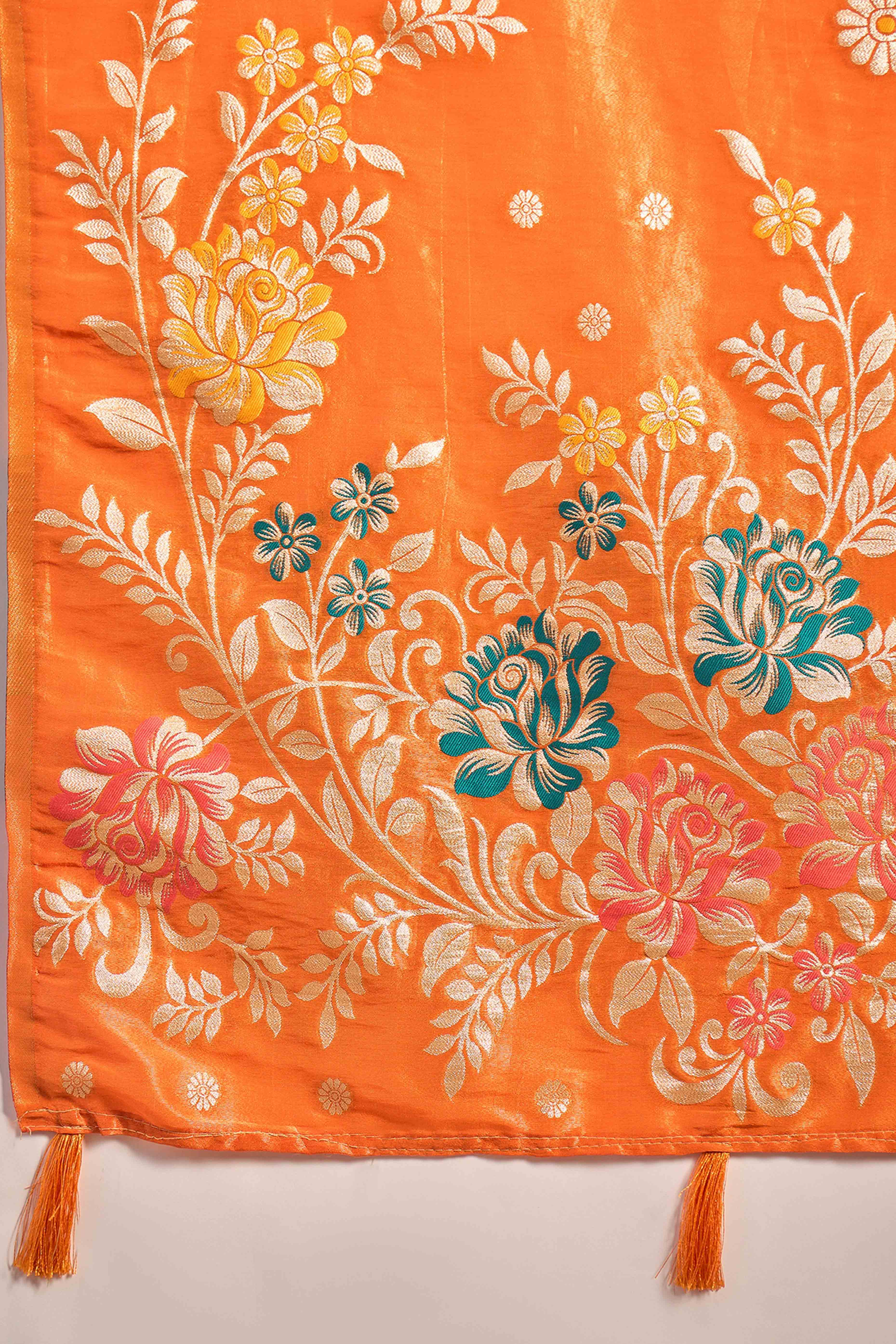 Orange Shimmer Saree Adorned with Floral Zari Weaving & Tassel Pallu
