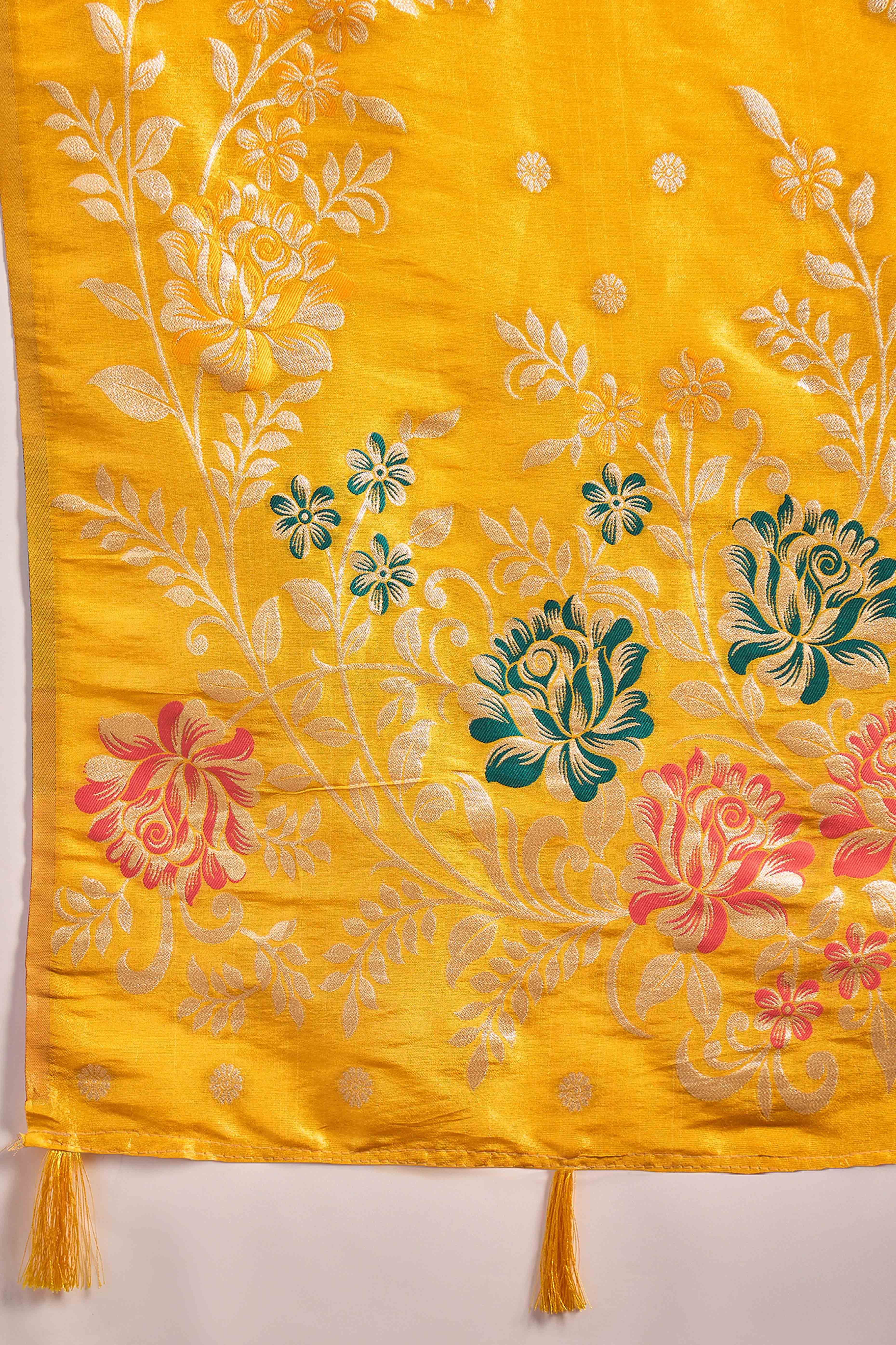 Yellow Shimmer Saree Adorned with Floral Zari Weaving & Tassel Pallu