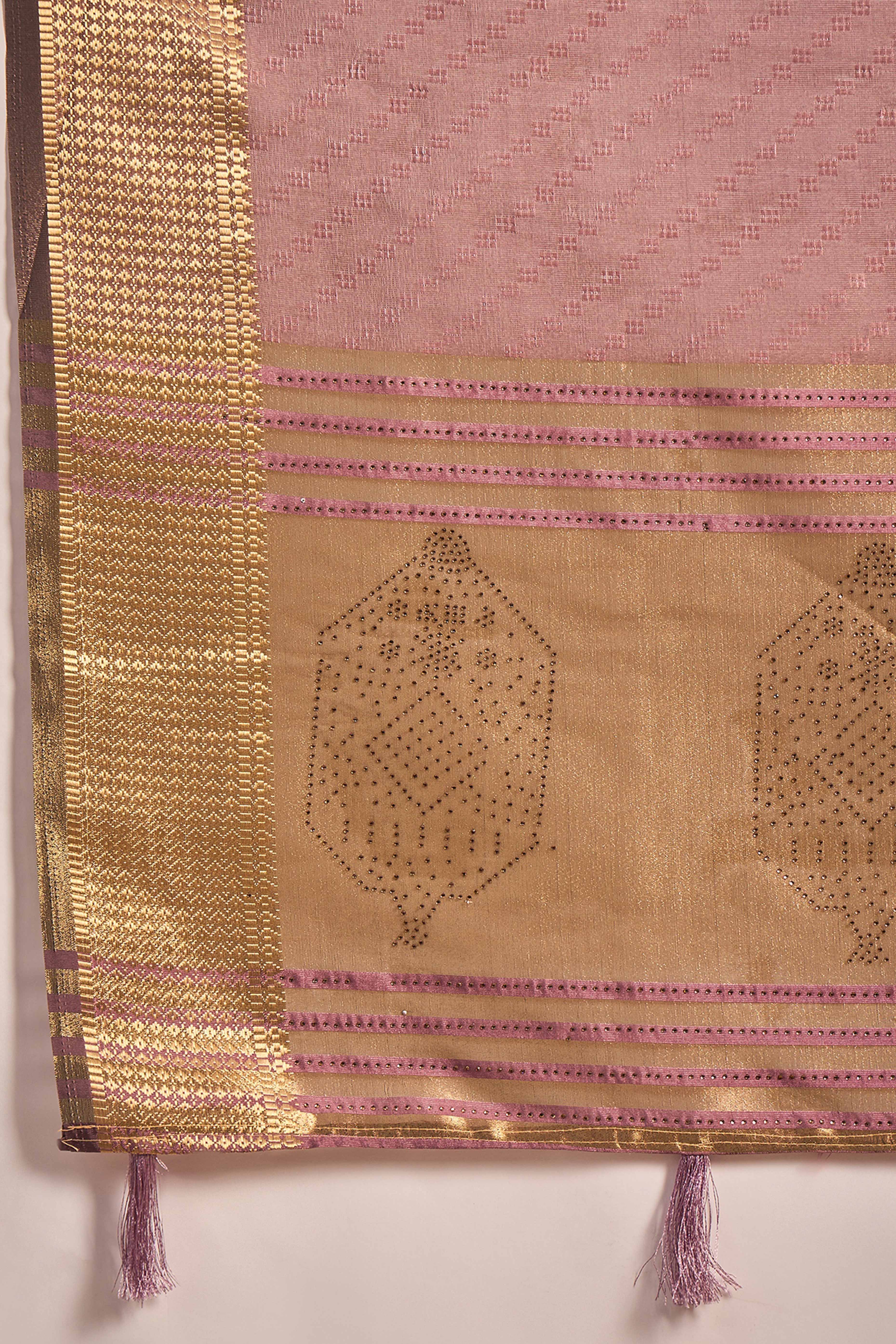 Dusty Rose Pink Khadi Organza Saree Intricate Weaving & Sparkling Stonework With Tassel Pallu