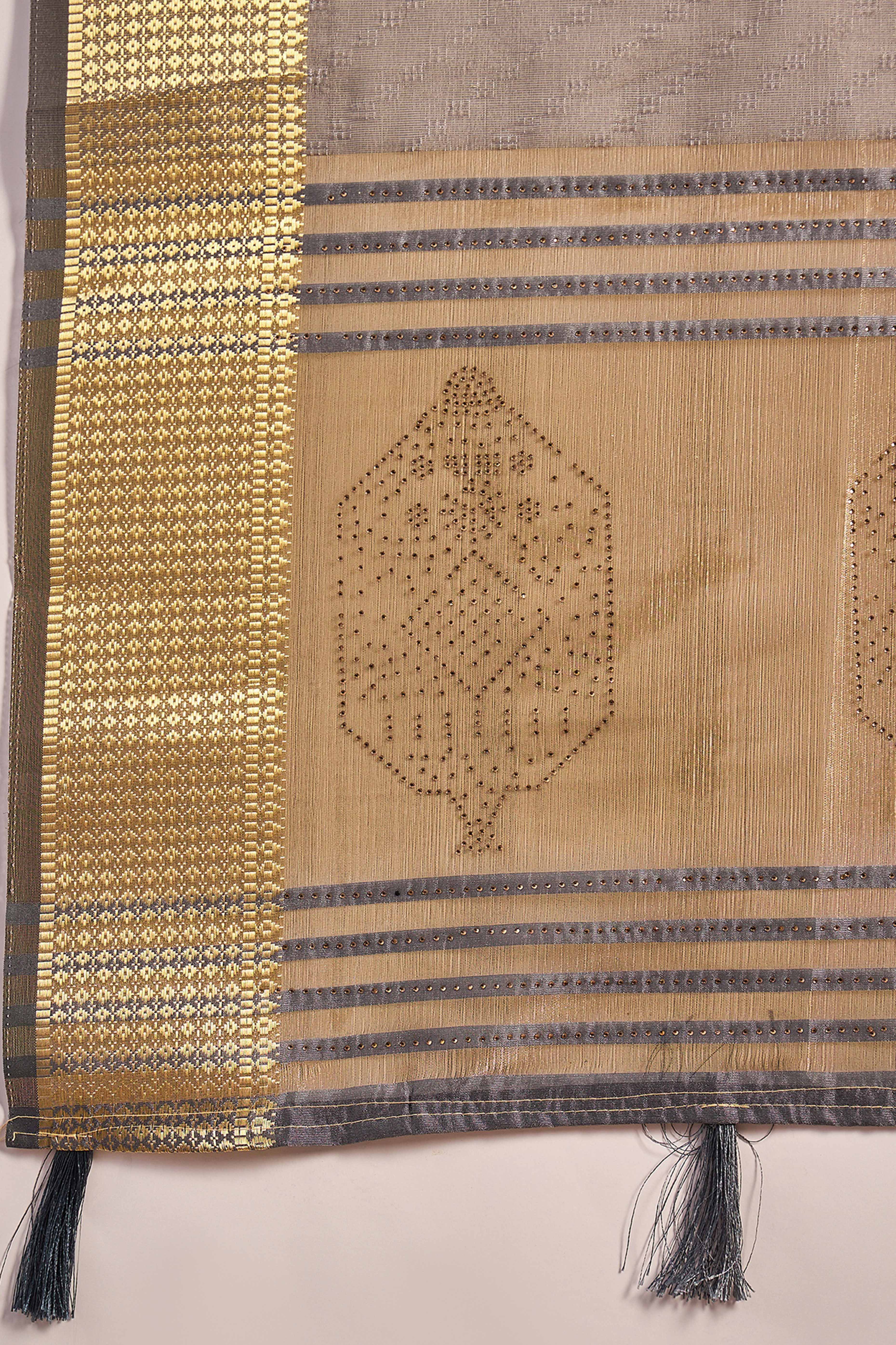 Grey Khadi Organza Saree Intricate Weaving & Sparkling Stonework With Tassel Pallu