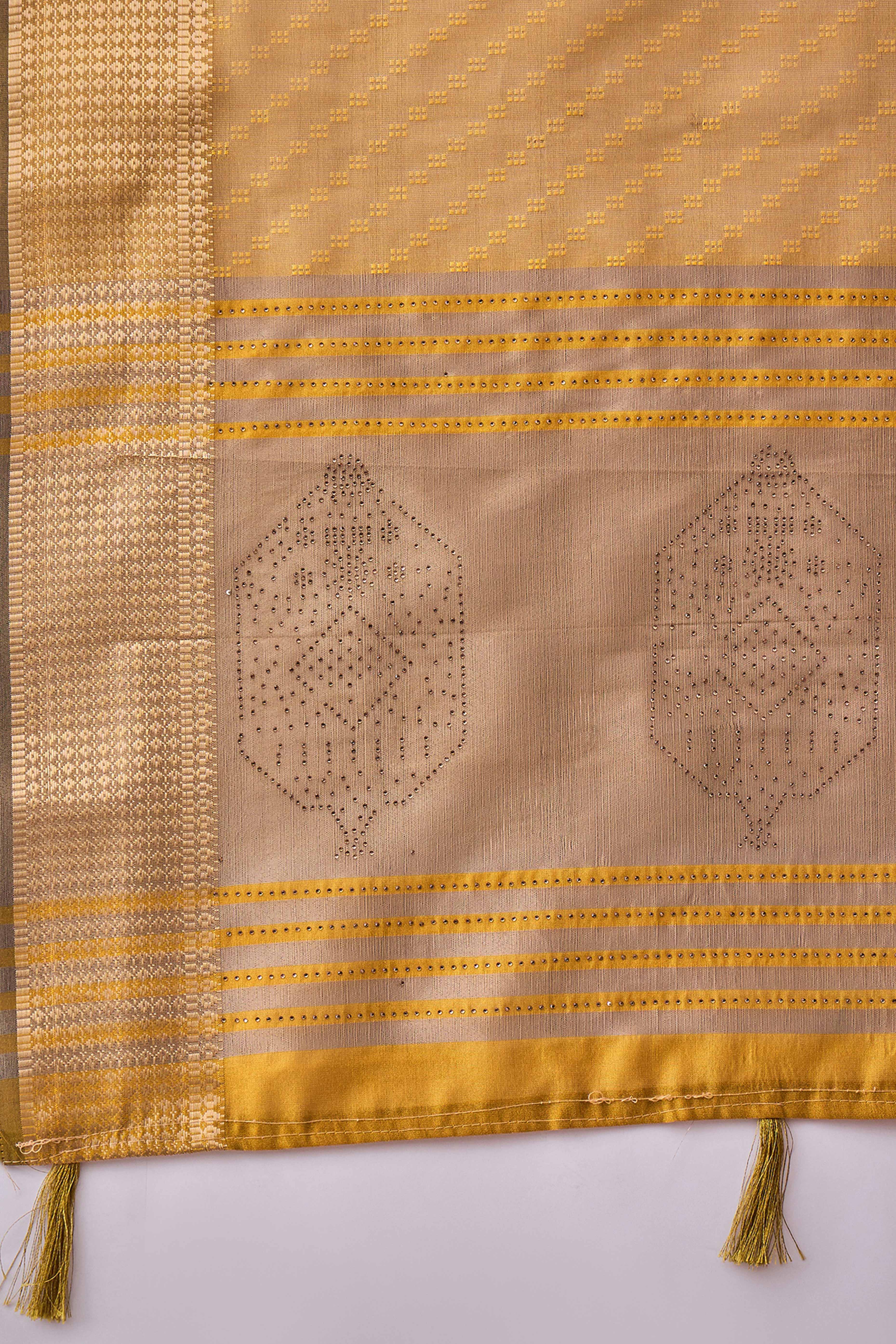 Mustard Khadi Organza Saree Intricate Weaving & Sparkling Stonework With Tassel Pallu