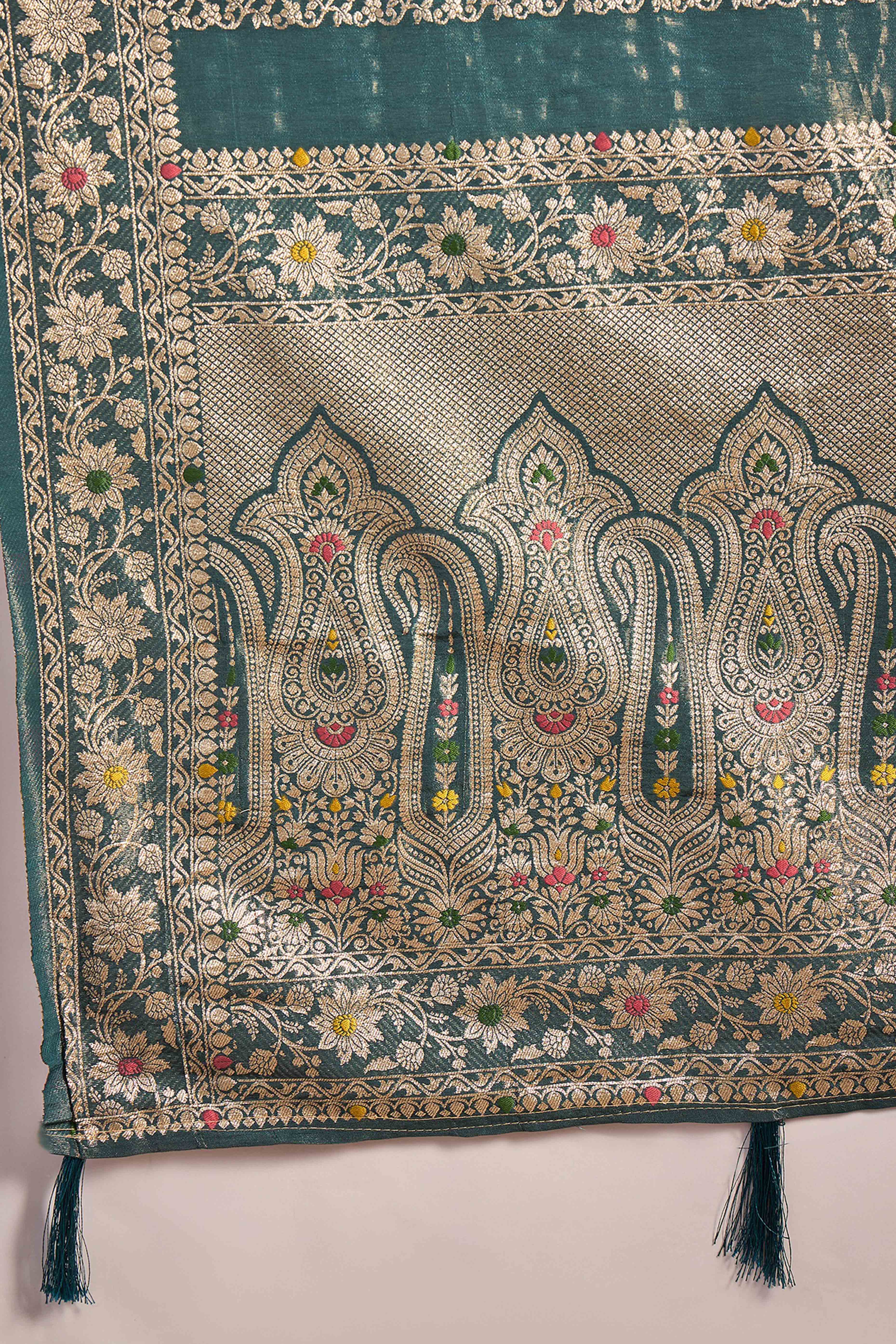 Floral Zari Woven Teal Saree In Shimmer Finish With Elegant Tassel Pallu