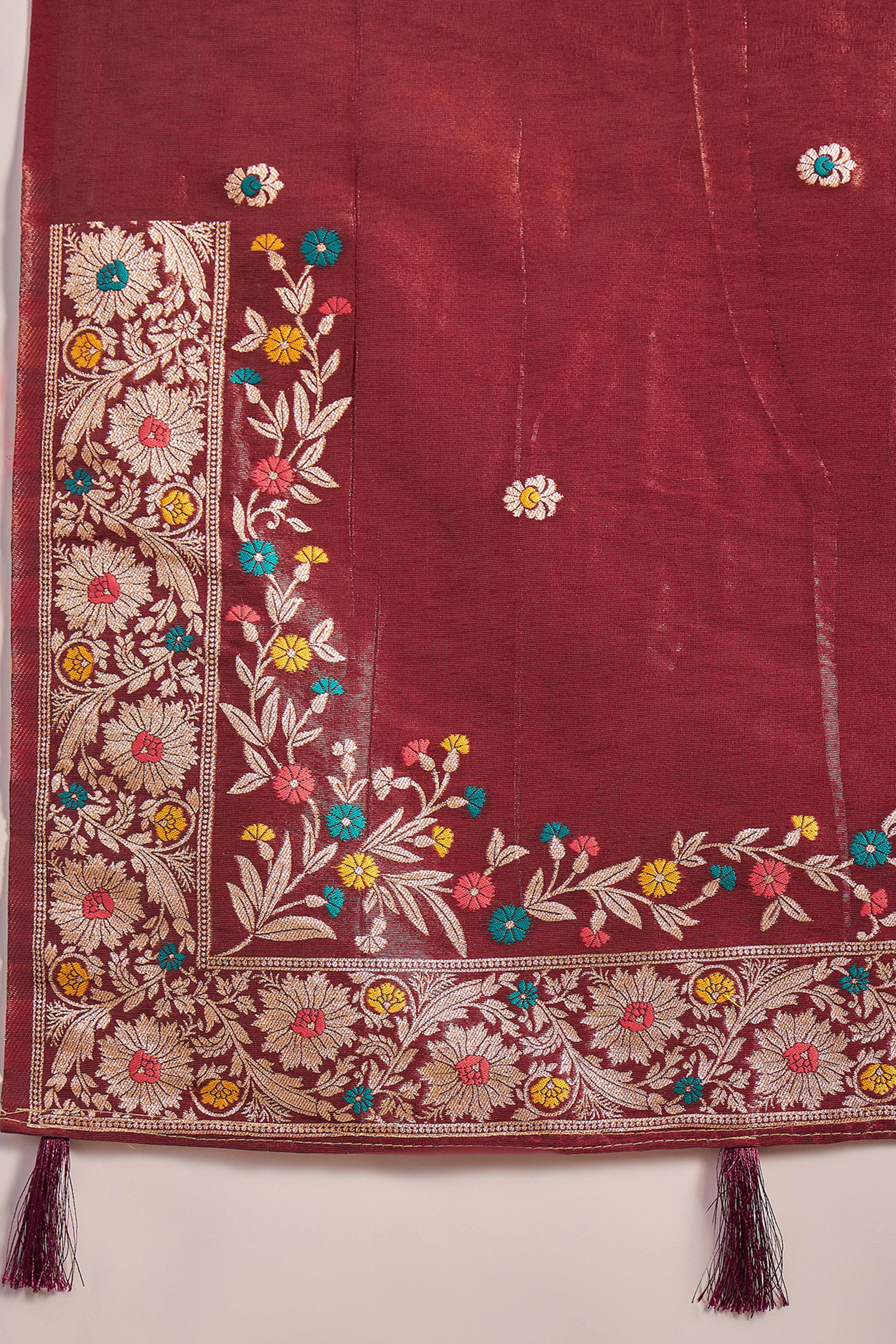 Maroon Zari Woven Shimmer Saree With Floral Motifs & Flowing Tassel Pallu