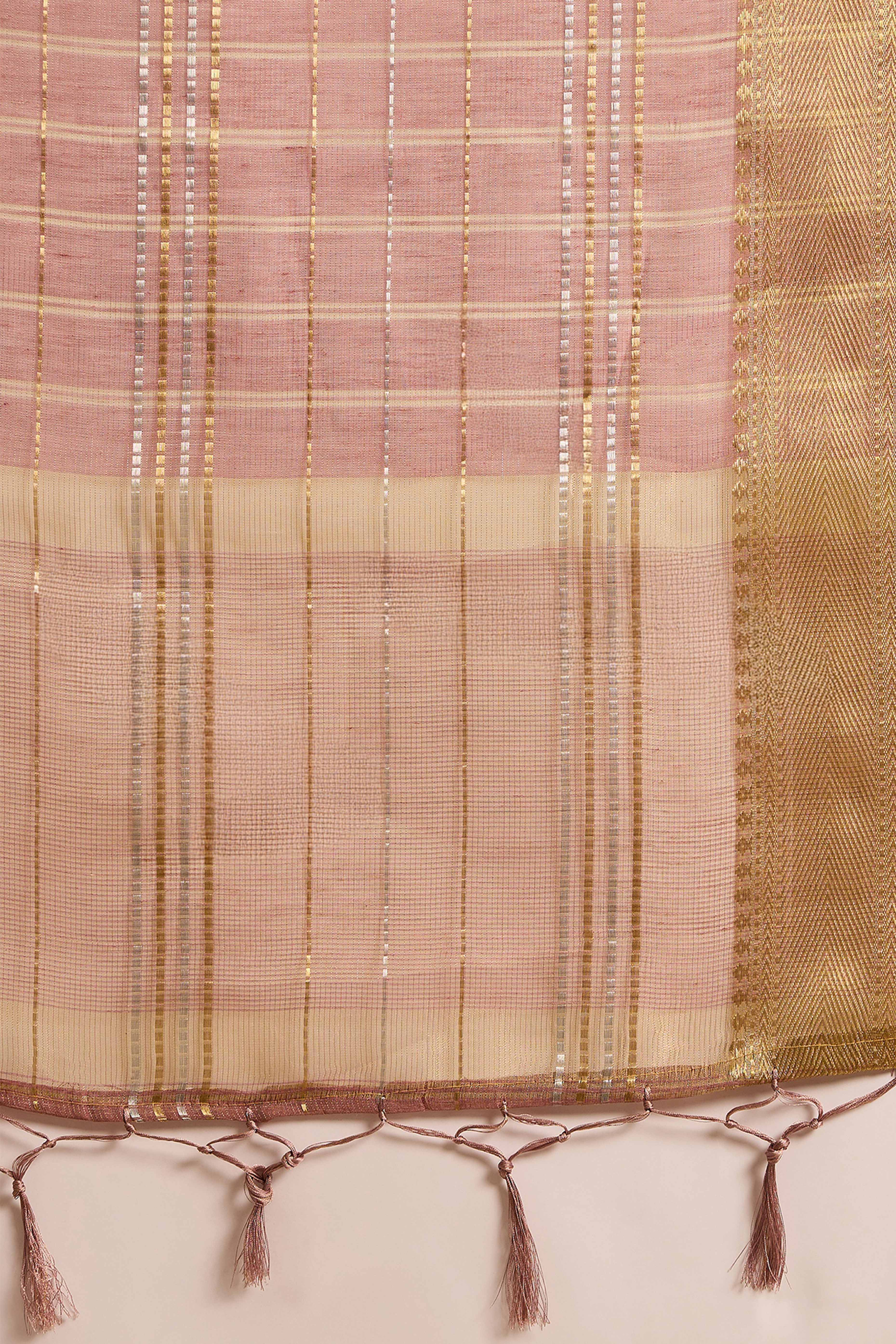 Dusty Mauve Zari Woven Khadi Organza Saree Featuring Classic Checks & Tassel Detailing