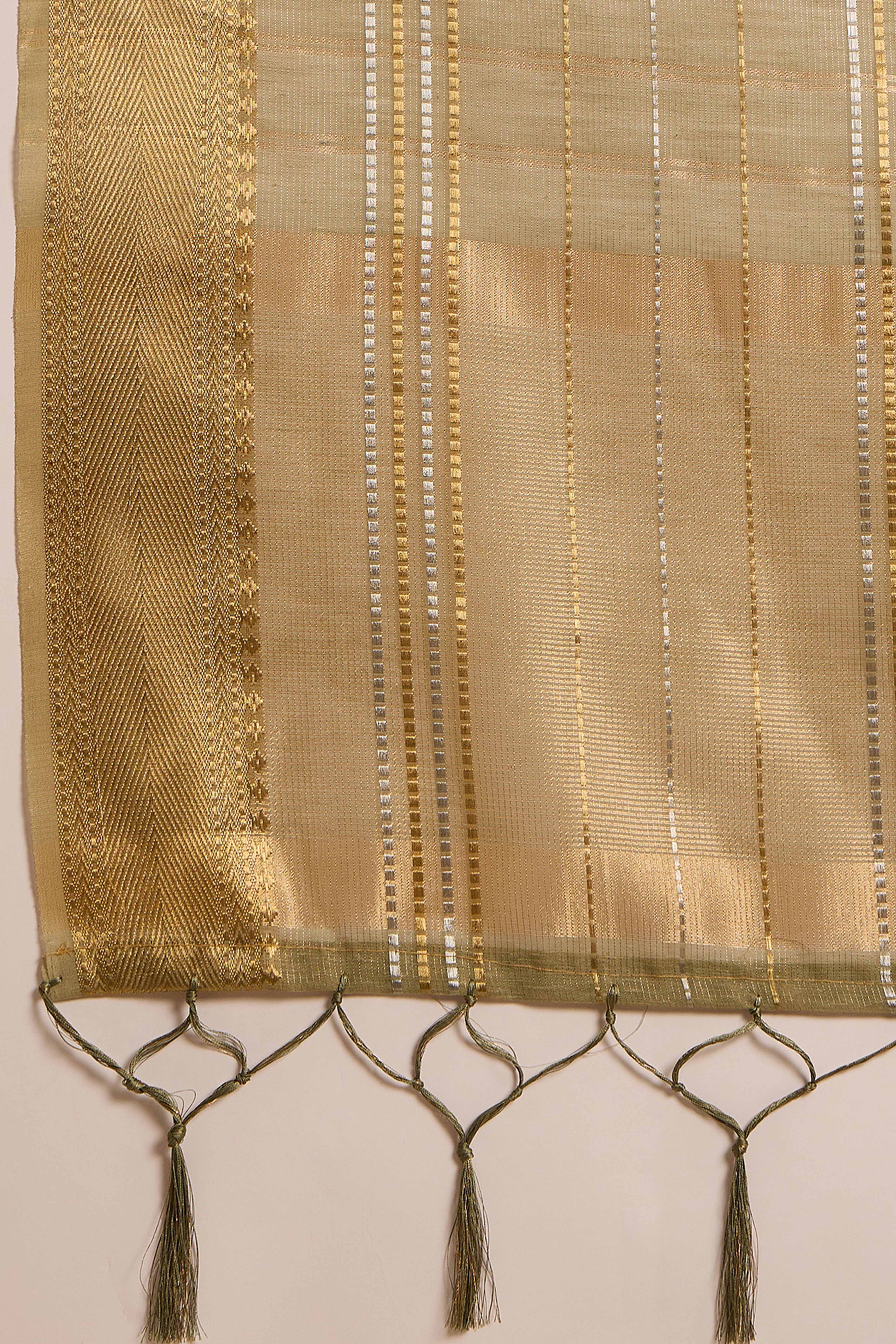 Green Zari Woven Khadi Organza Saree Featuring Classic Checks & Tassel Detailing