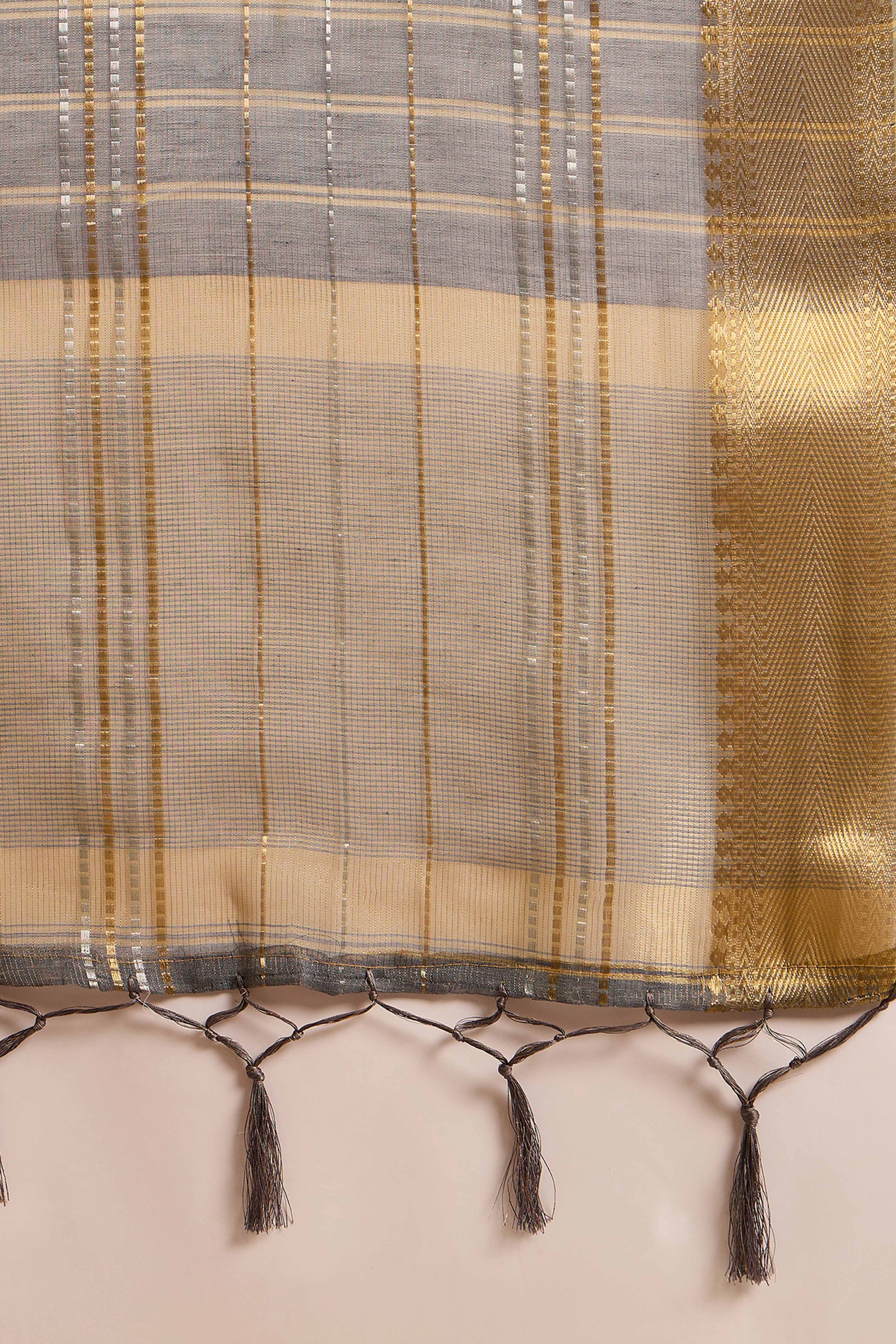 Grey Zari Woven Khadi Organza Saree Featuring Classic Checks & Tassel Detailing