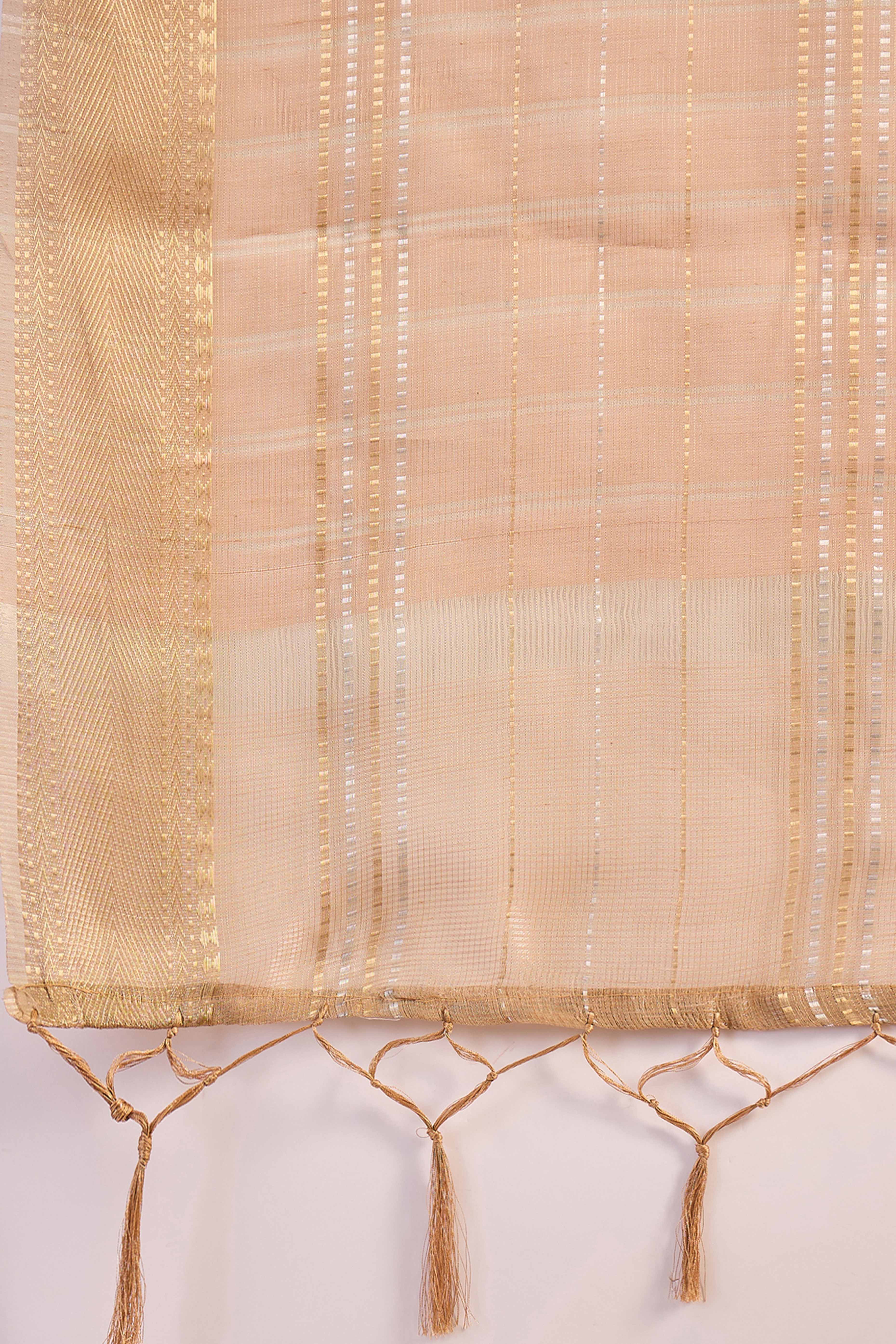 Light Peach Zari Woven Khadi Organza Saree Featuring Classic Checks & Tassel Detailing