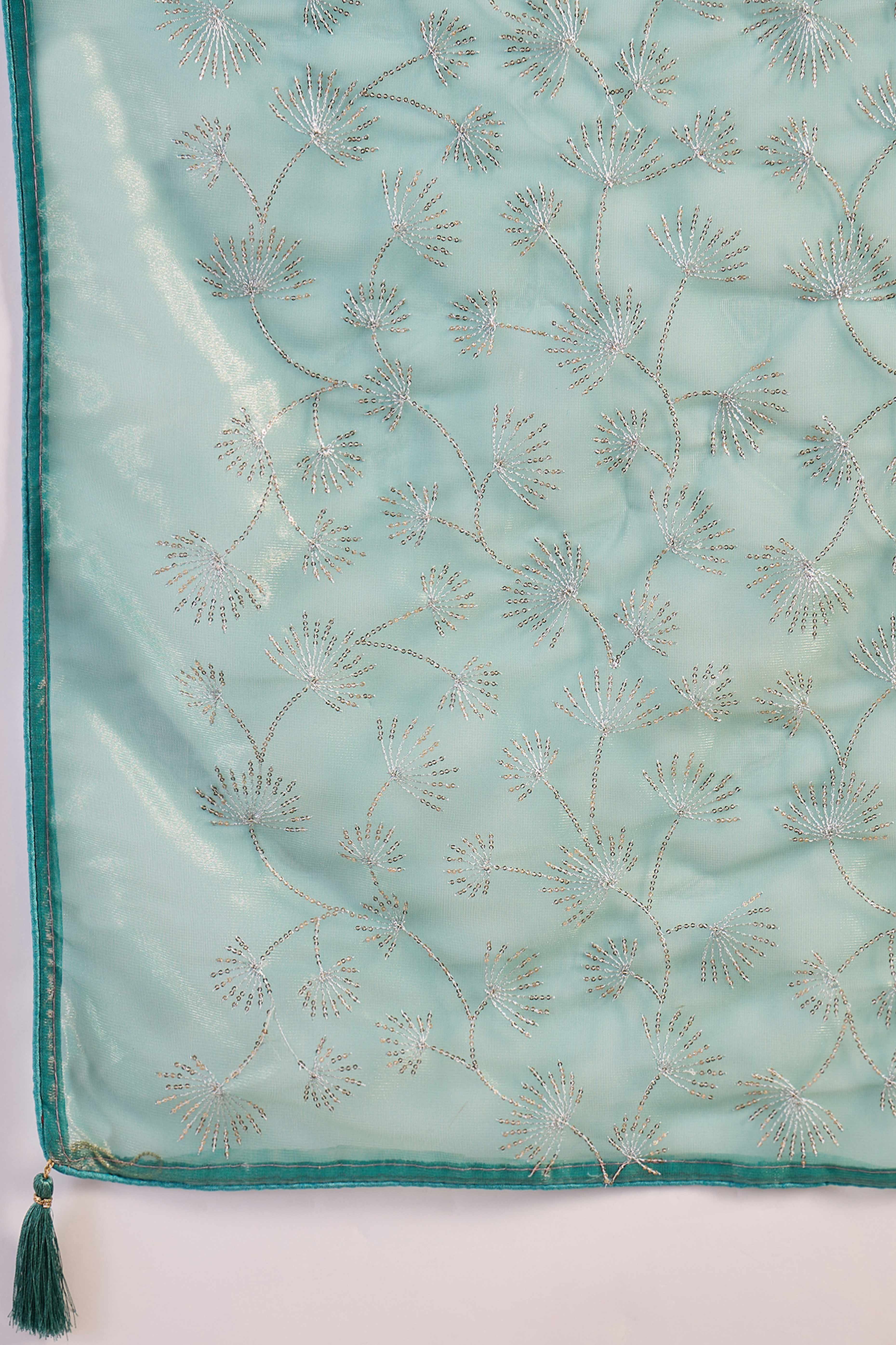 Turquoise Twill Net Saree With Intricate Floral Sequin Work & Flowing Tassel Pallu