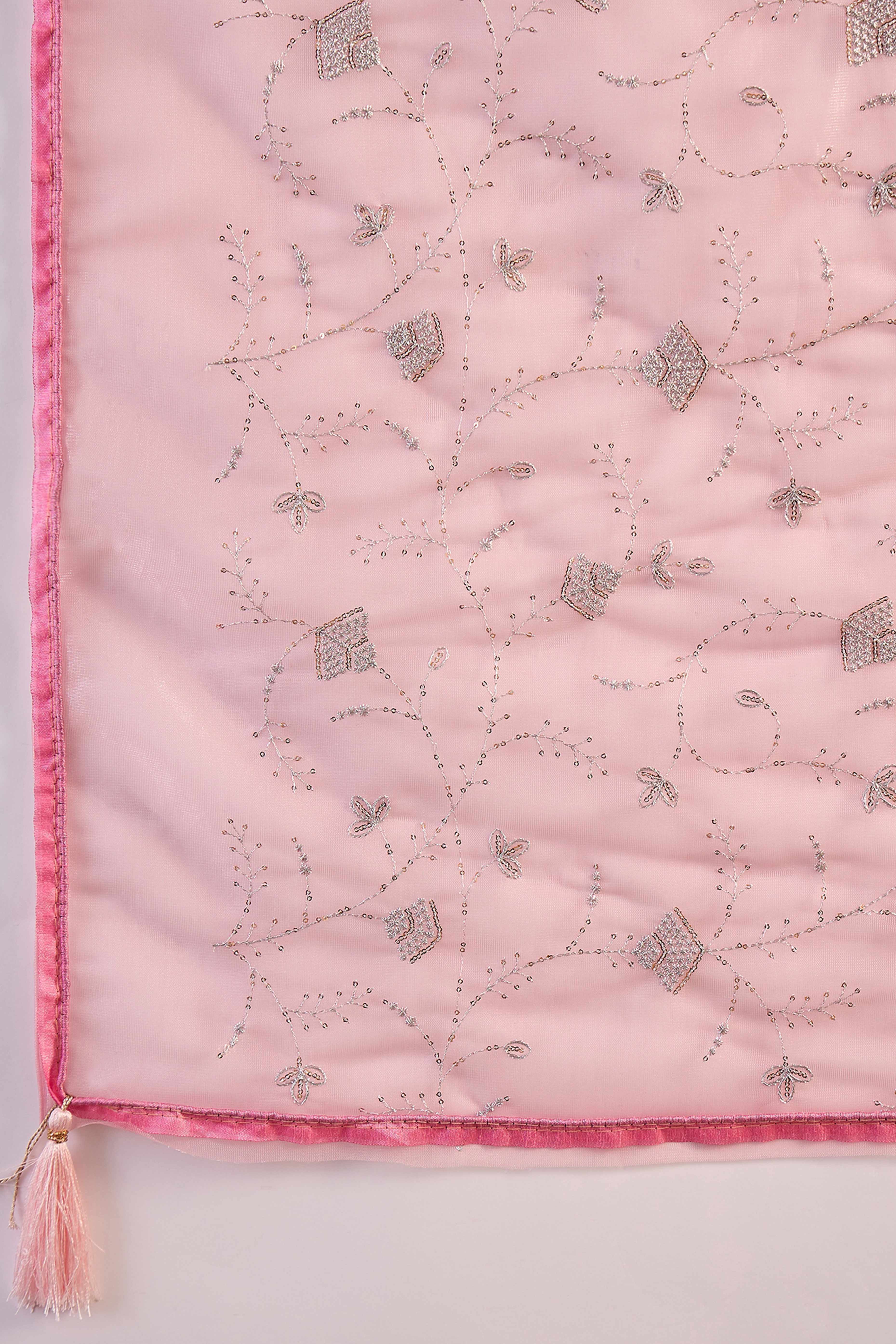 Baby Pink Floral Sequin Embellished Saree In Twill Net With Tassel Accents