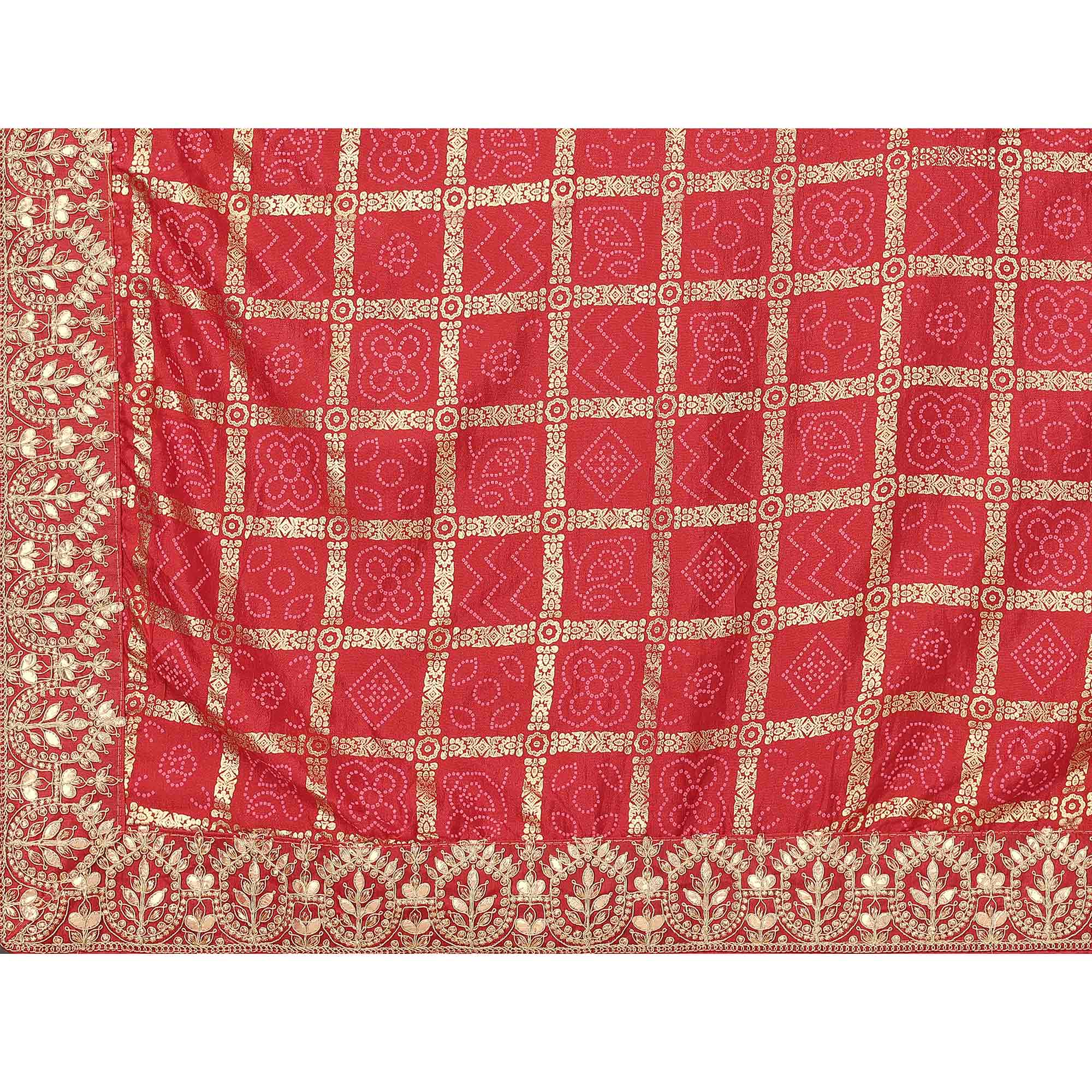 Red Bandhani Printed Vichitra Silk Saree With Embroidered Border