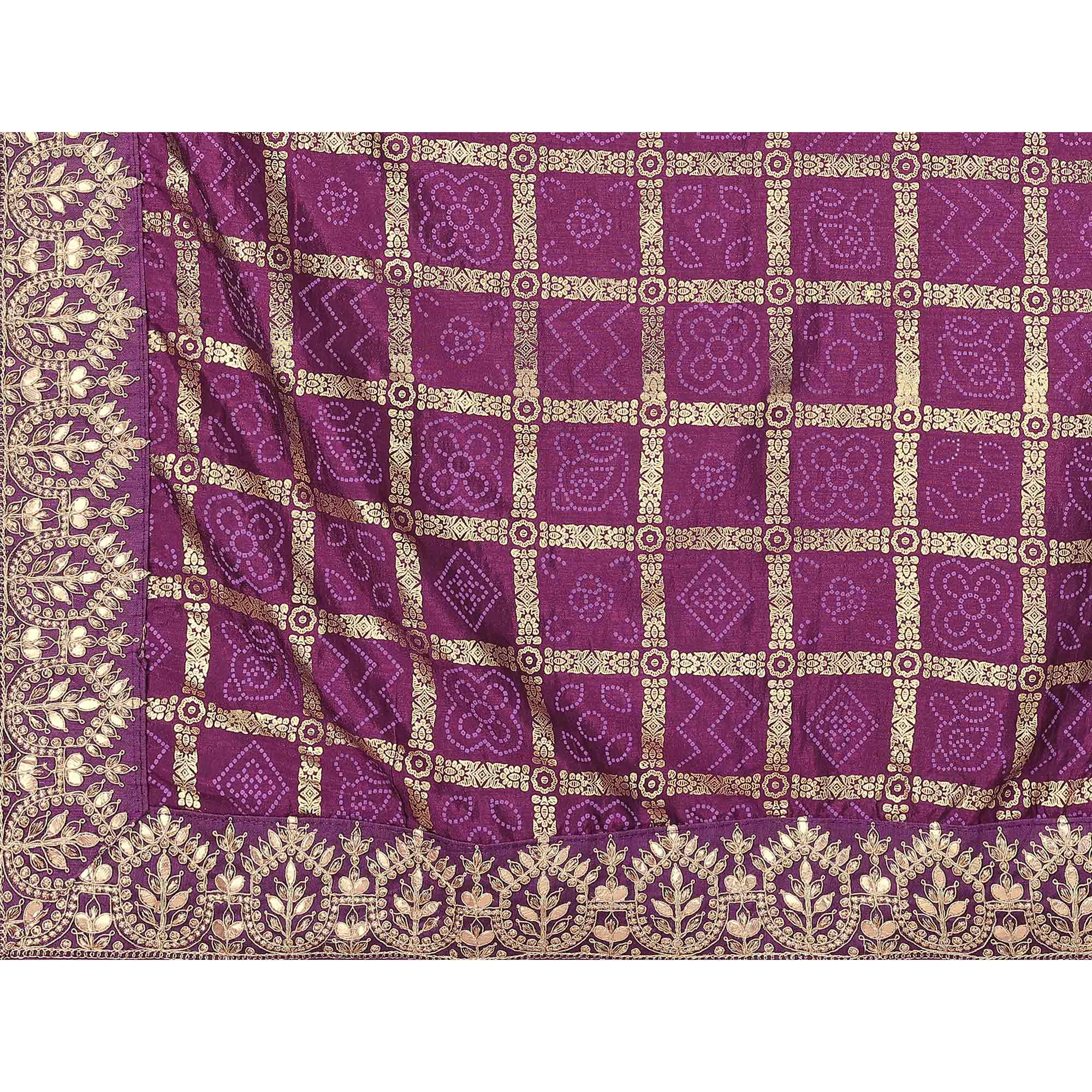 Wine Bandhani Printed Vichitra Silk Saree With Embroidered Border