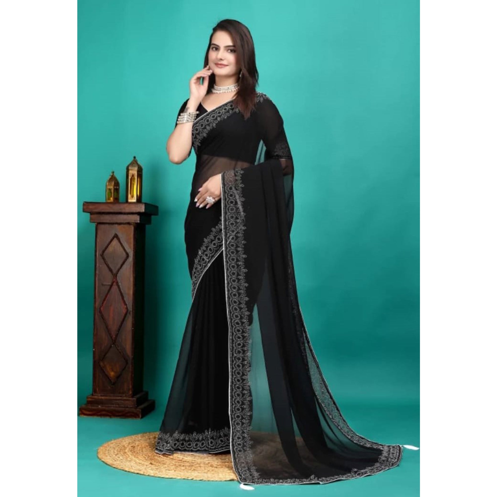 Black Swarovski Work Embroidered Georgette Saree