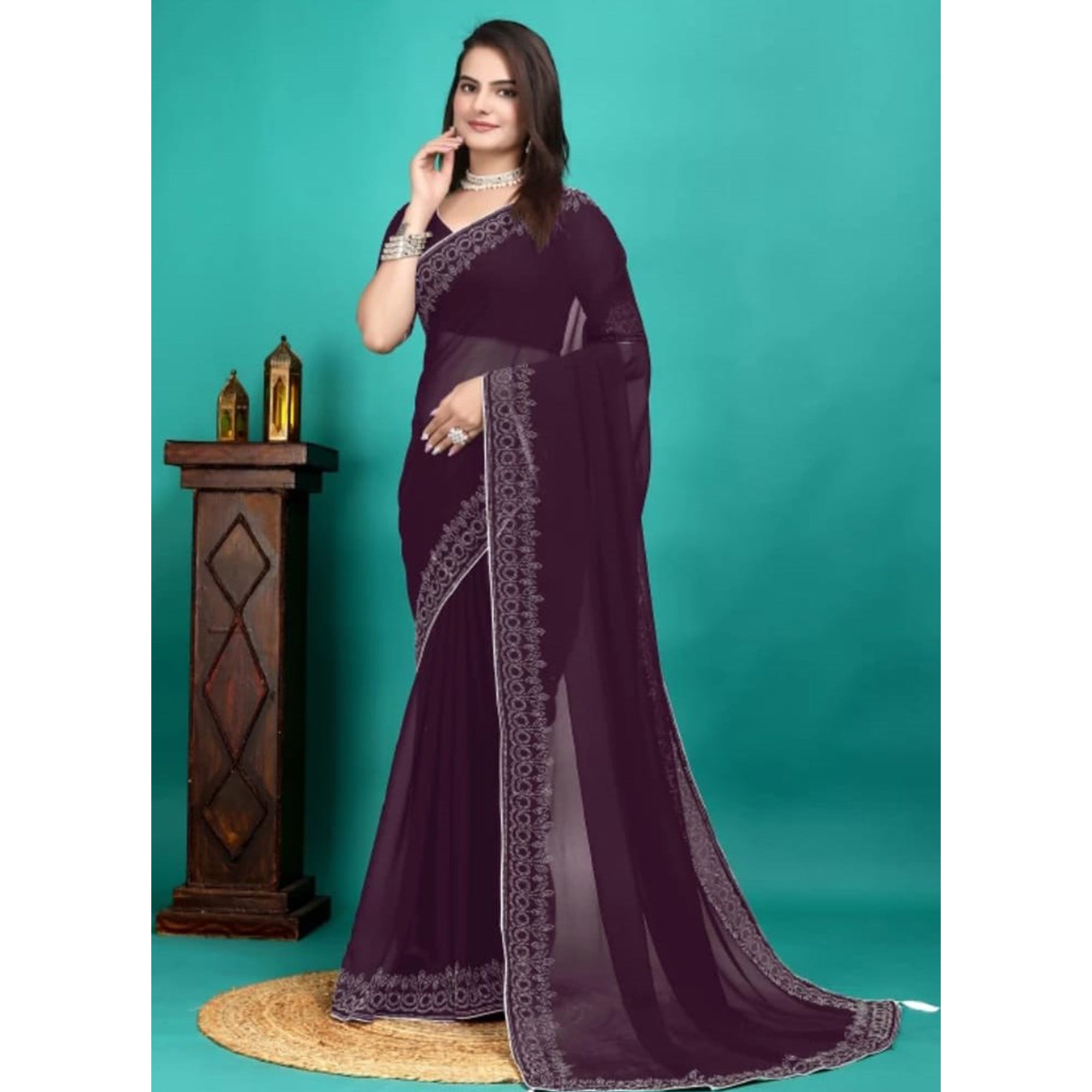 Purple Swarovski Work Embroidered Georgette Saree