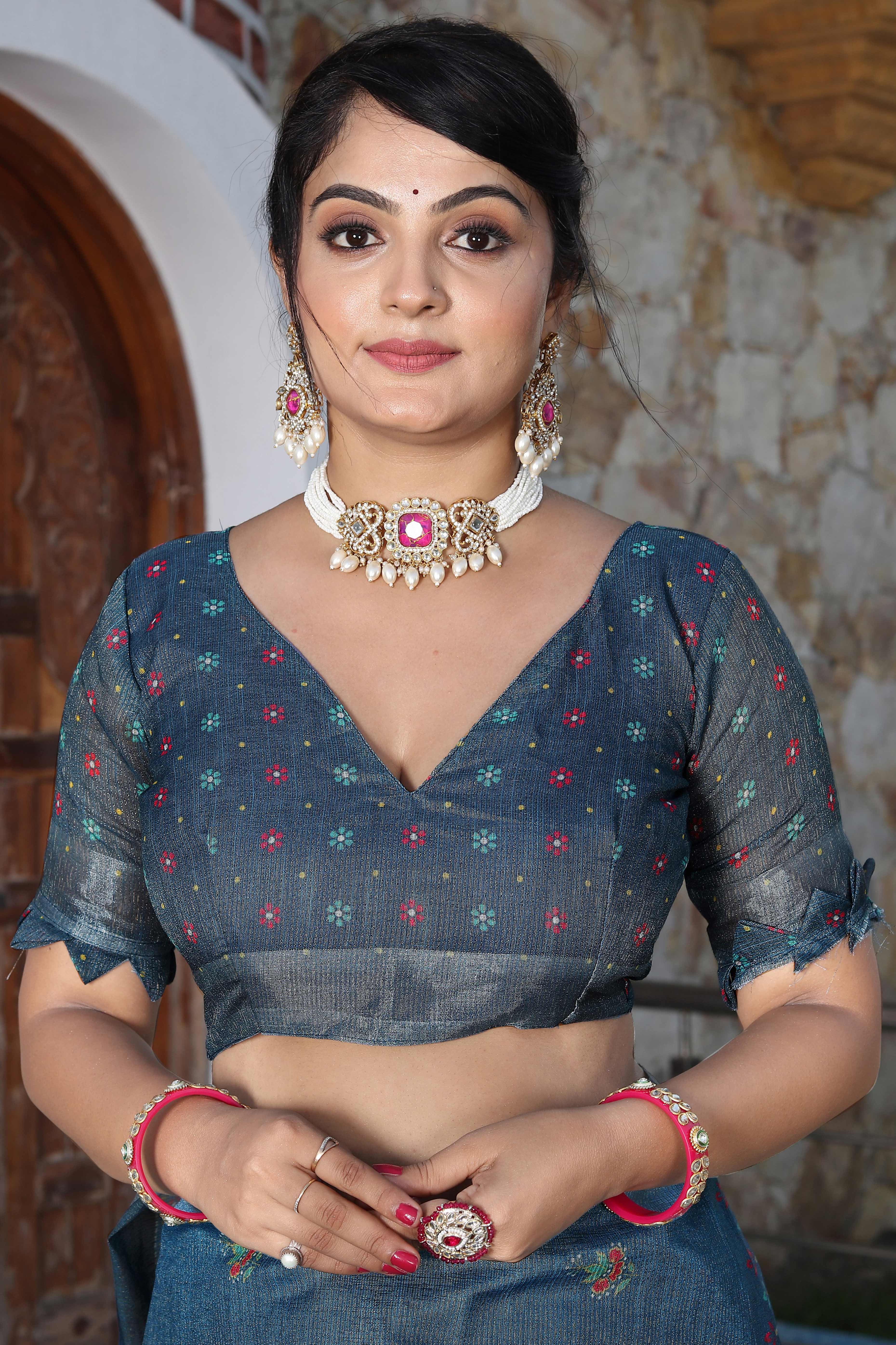 Beautiful Blue Tissue Handloom Saree with Detailed Digital Floral Embellishments