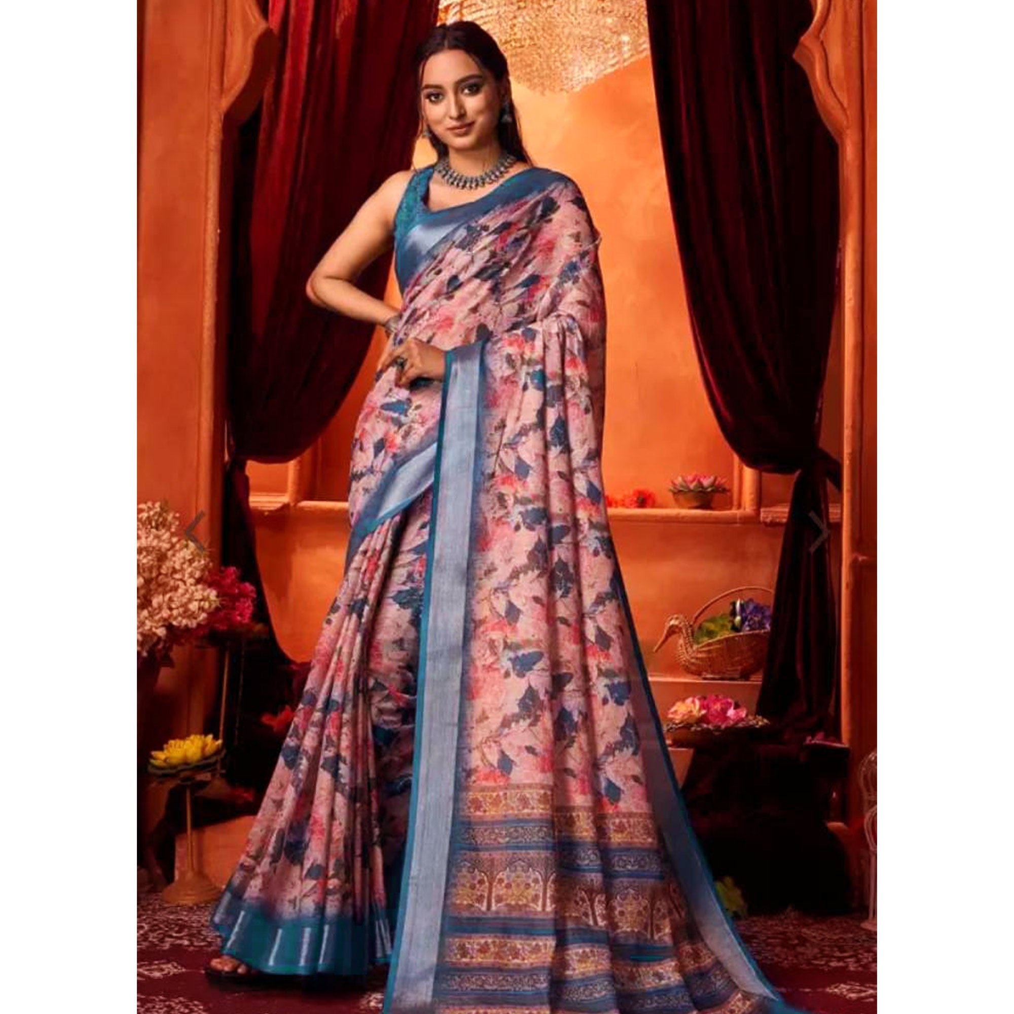 Peach & Blue Floral Printed Linen Saree