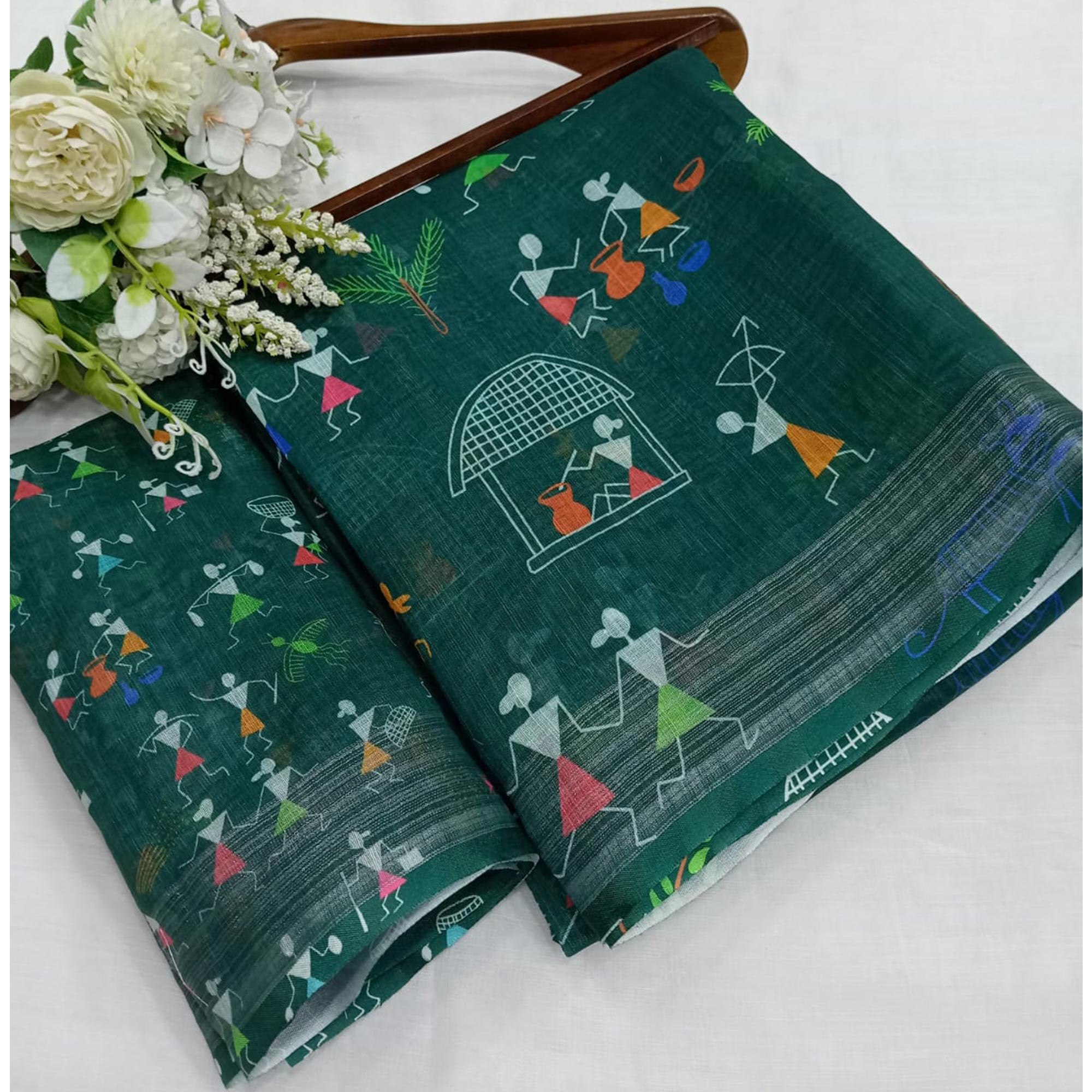 Green Digital Printed Linen Saree