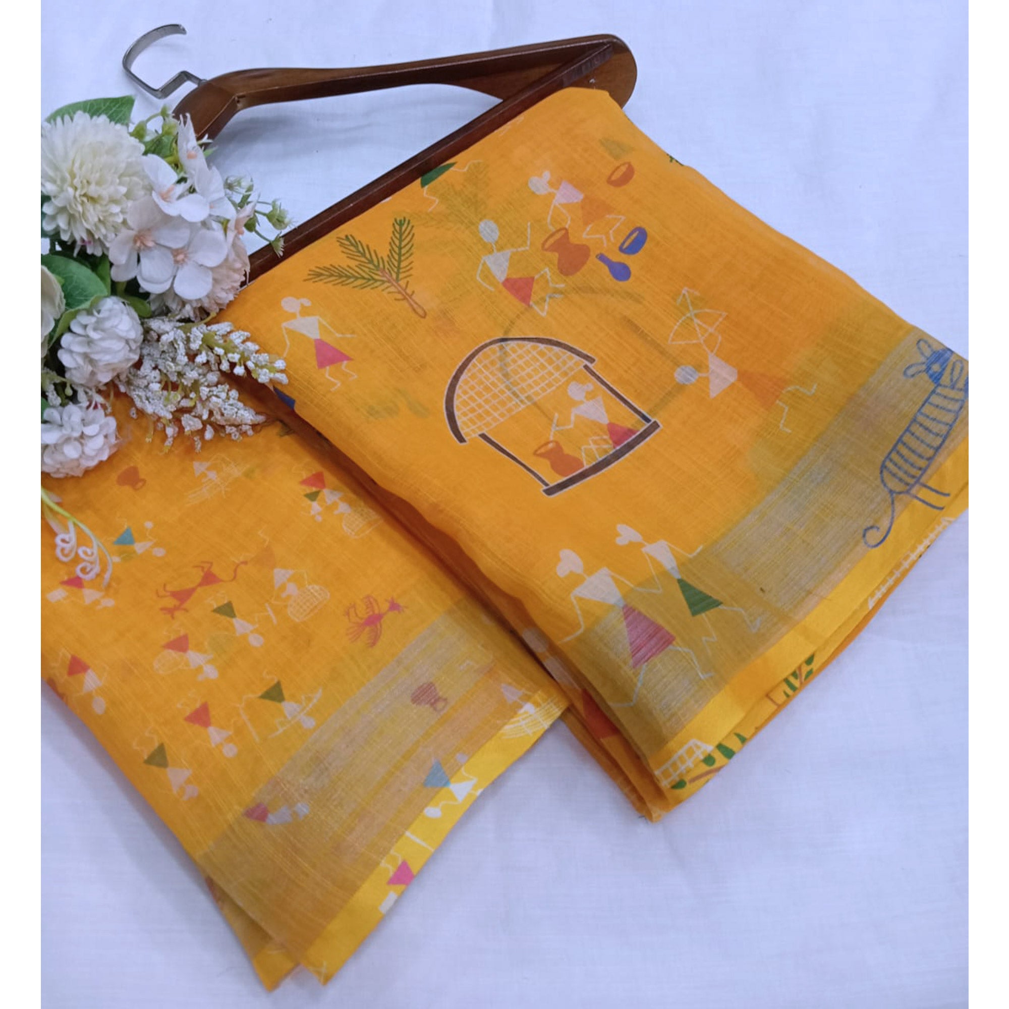 Yellow Digital Printed Linen Saree