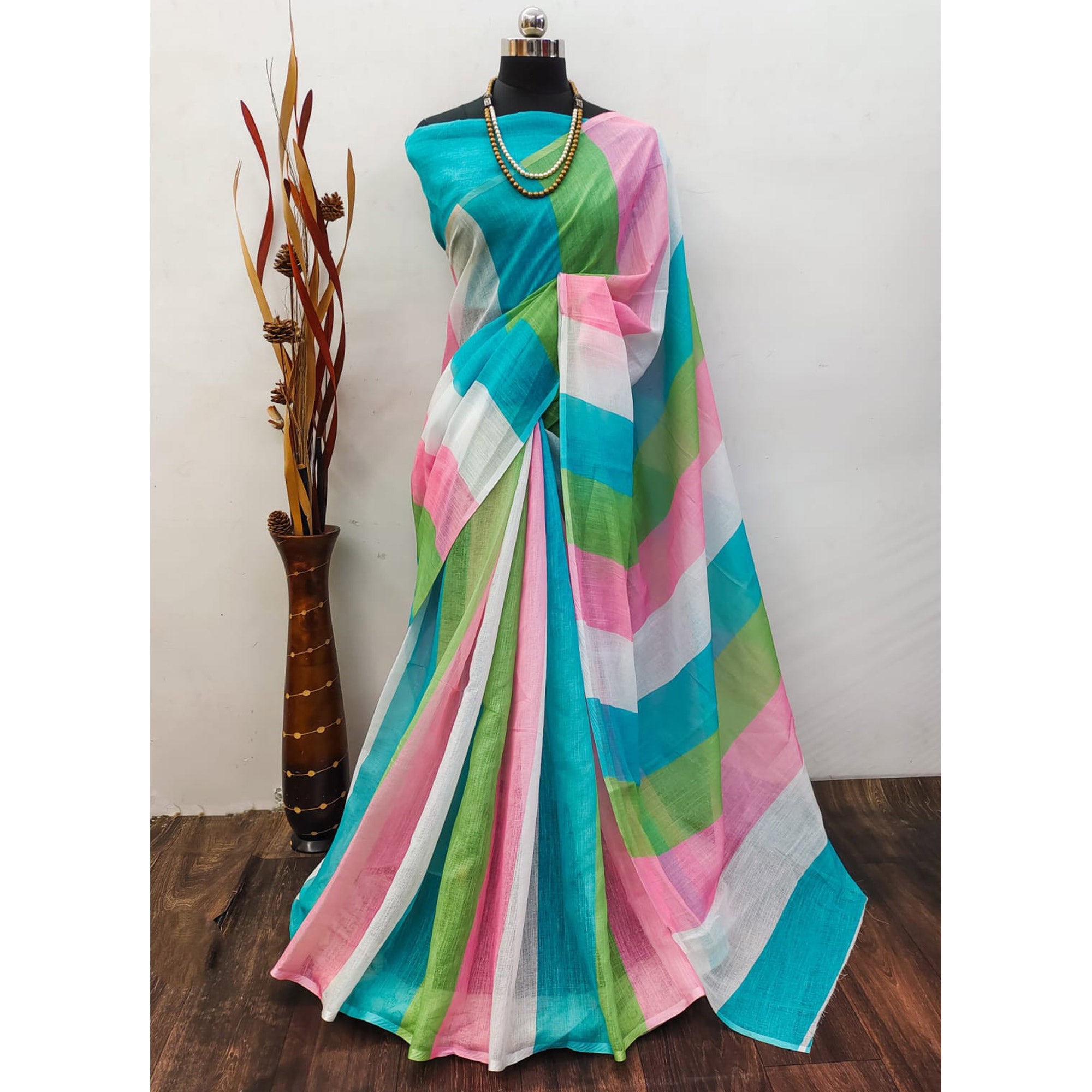 Multicolor Striped Printed Linen Saree