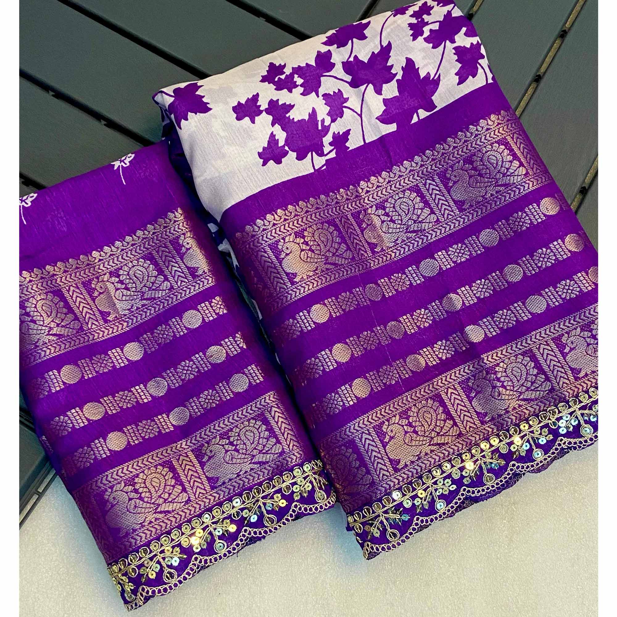 Purple & White Floral Printed Dola Silk Saree With Woven Border